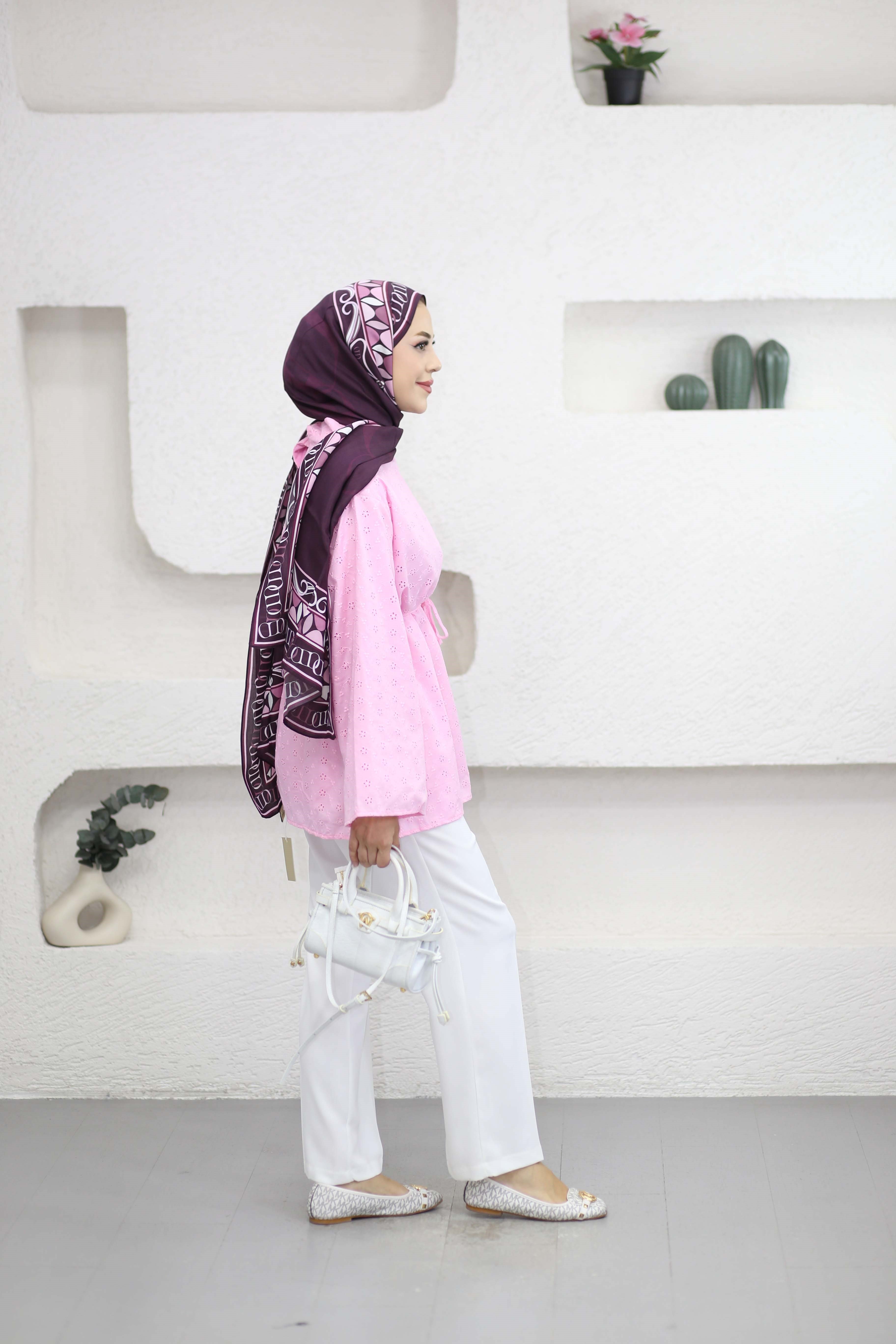 Mini Çiçek İşlemeli Gömlek Pembe 26278