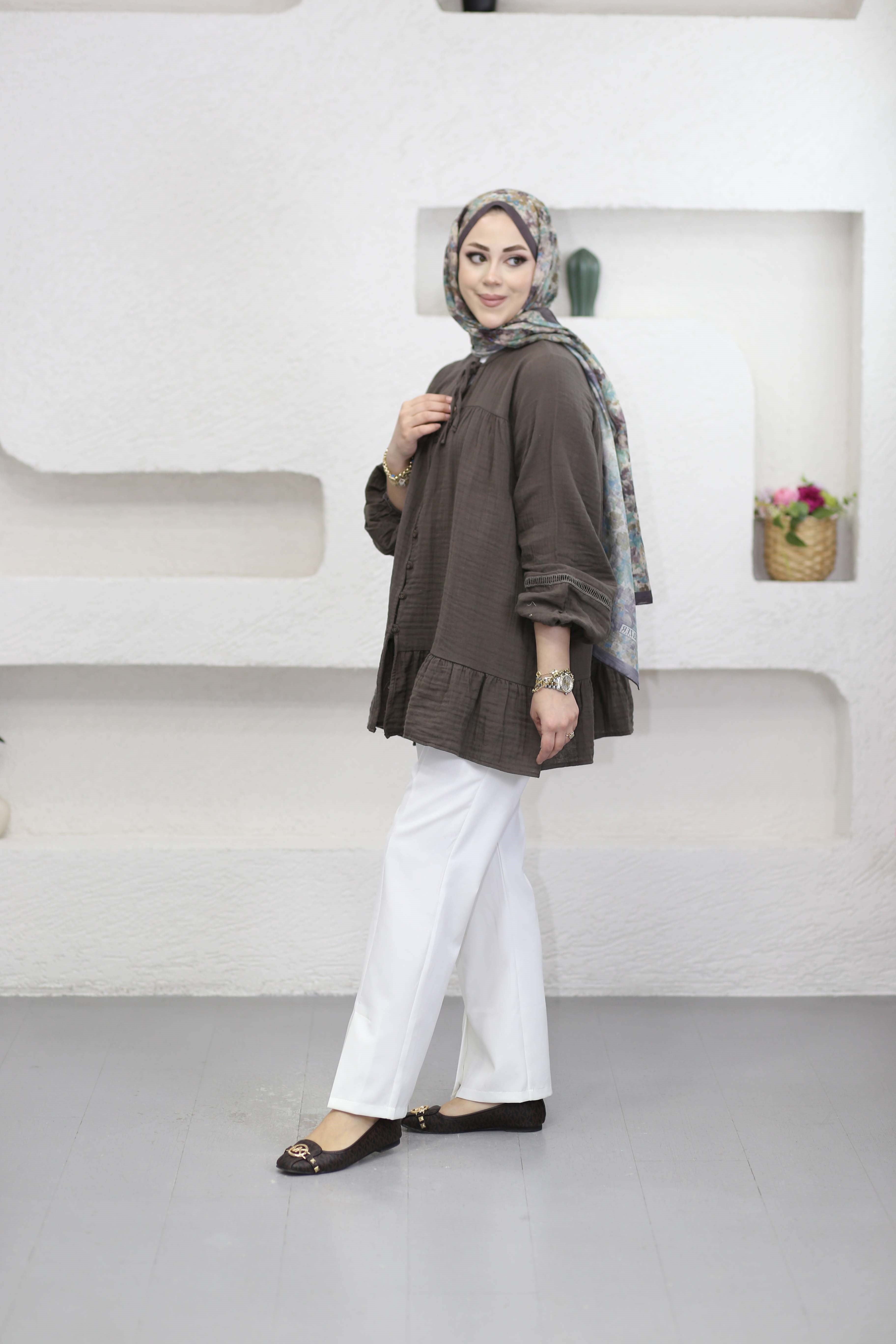 Şerit Detaylı Gömlek Kahverengi 3302