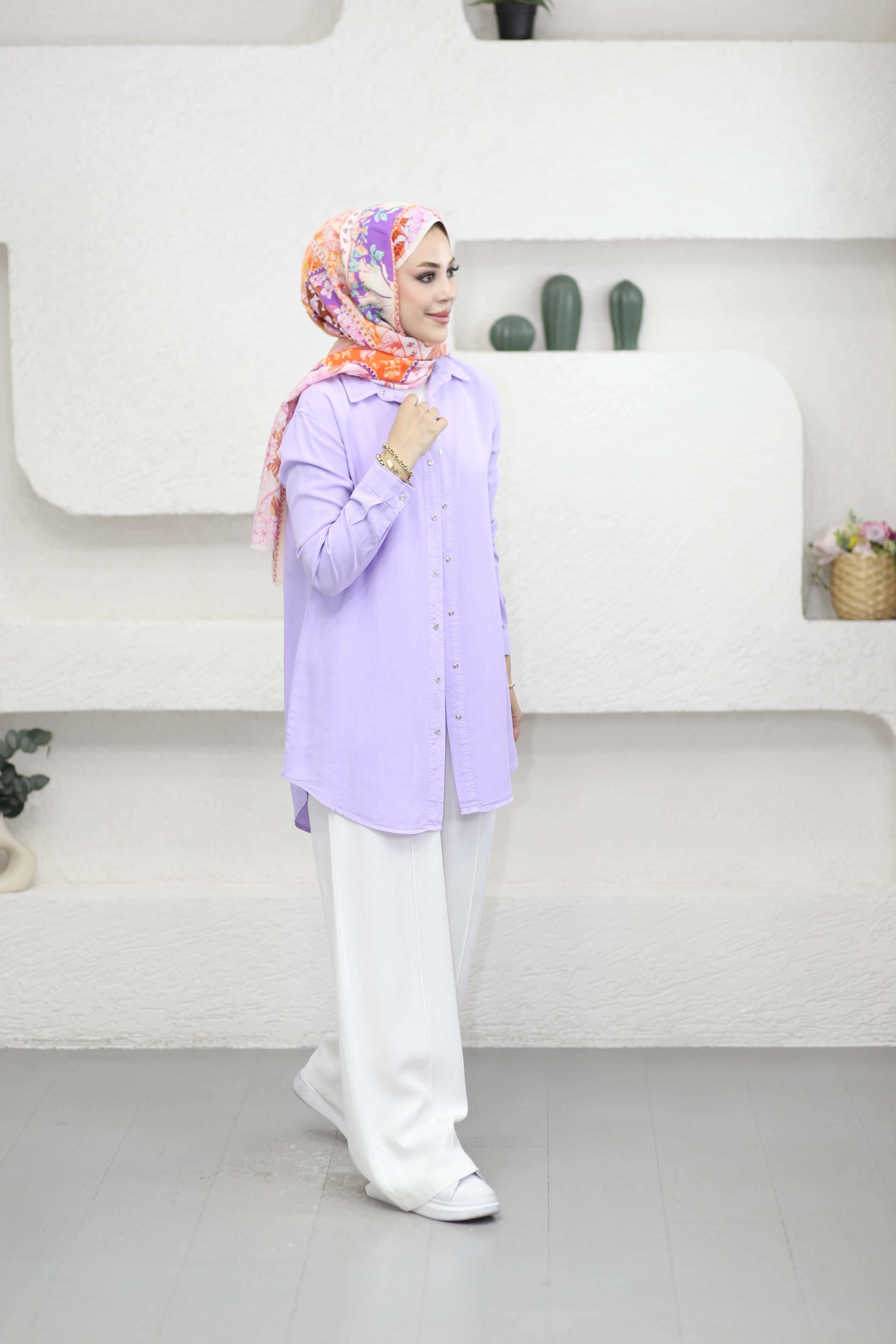 Çıtçıtlı Tencel Gömlek Lila 7546