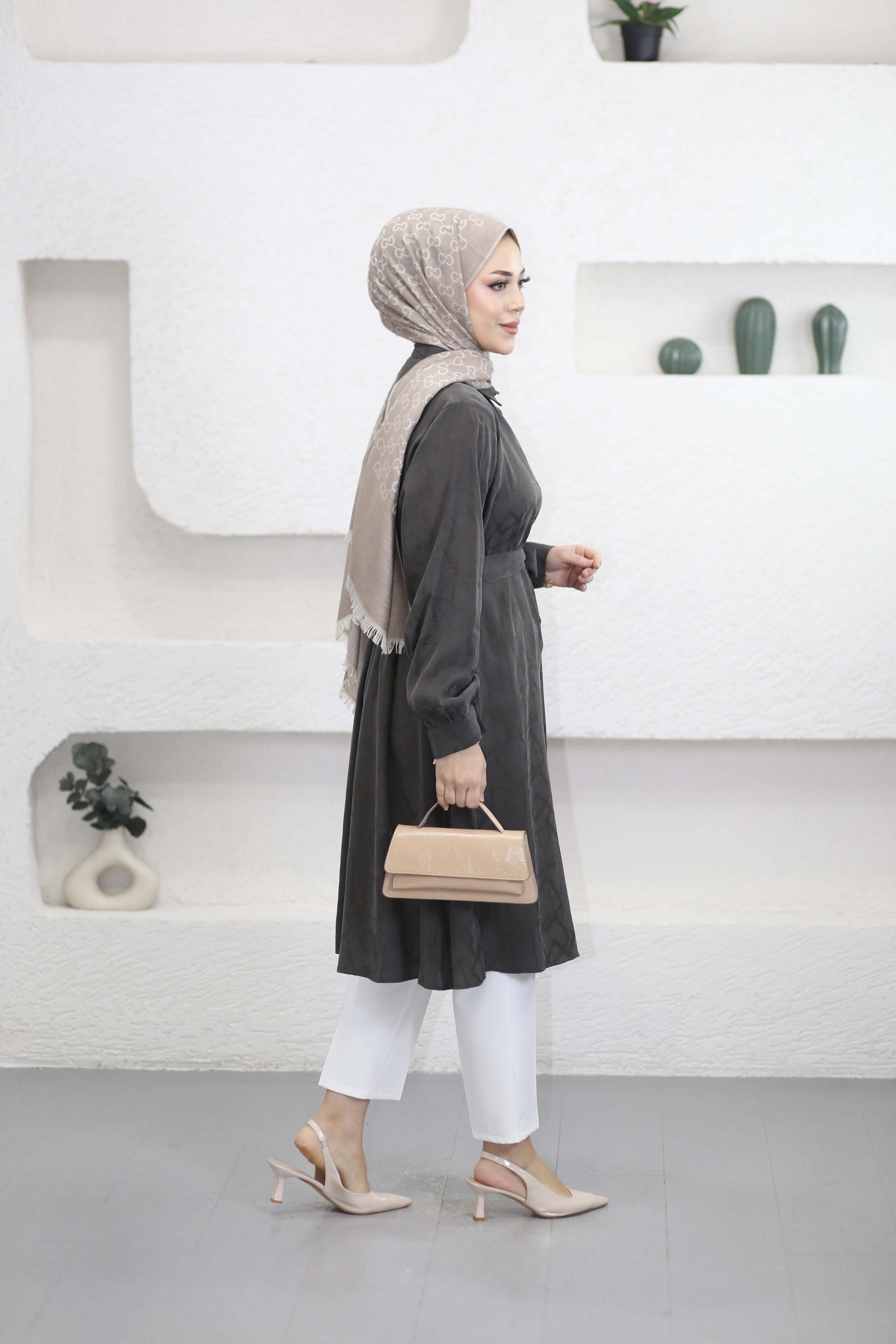 Kendinden Desenli Araboy Tunik Füme 4657