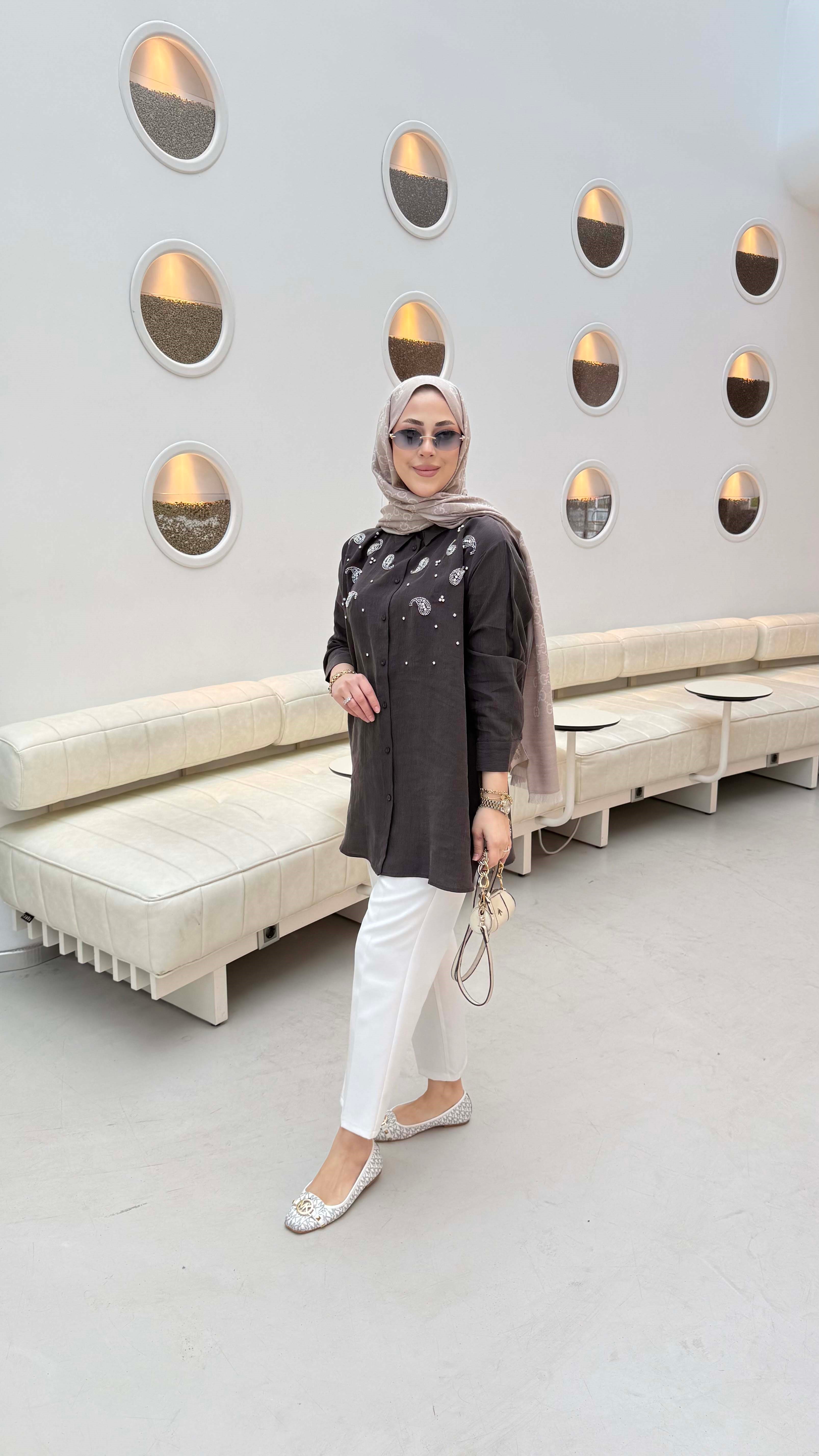 Taş İşleme Detaylı Gömlek Kahverengi 3387