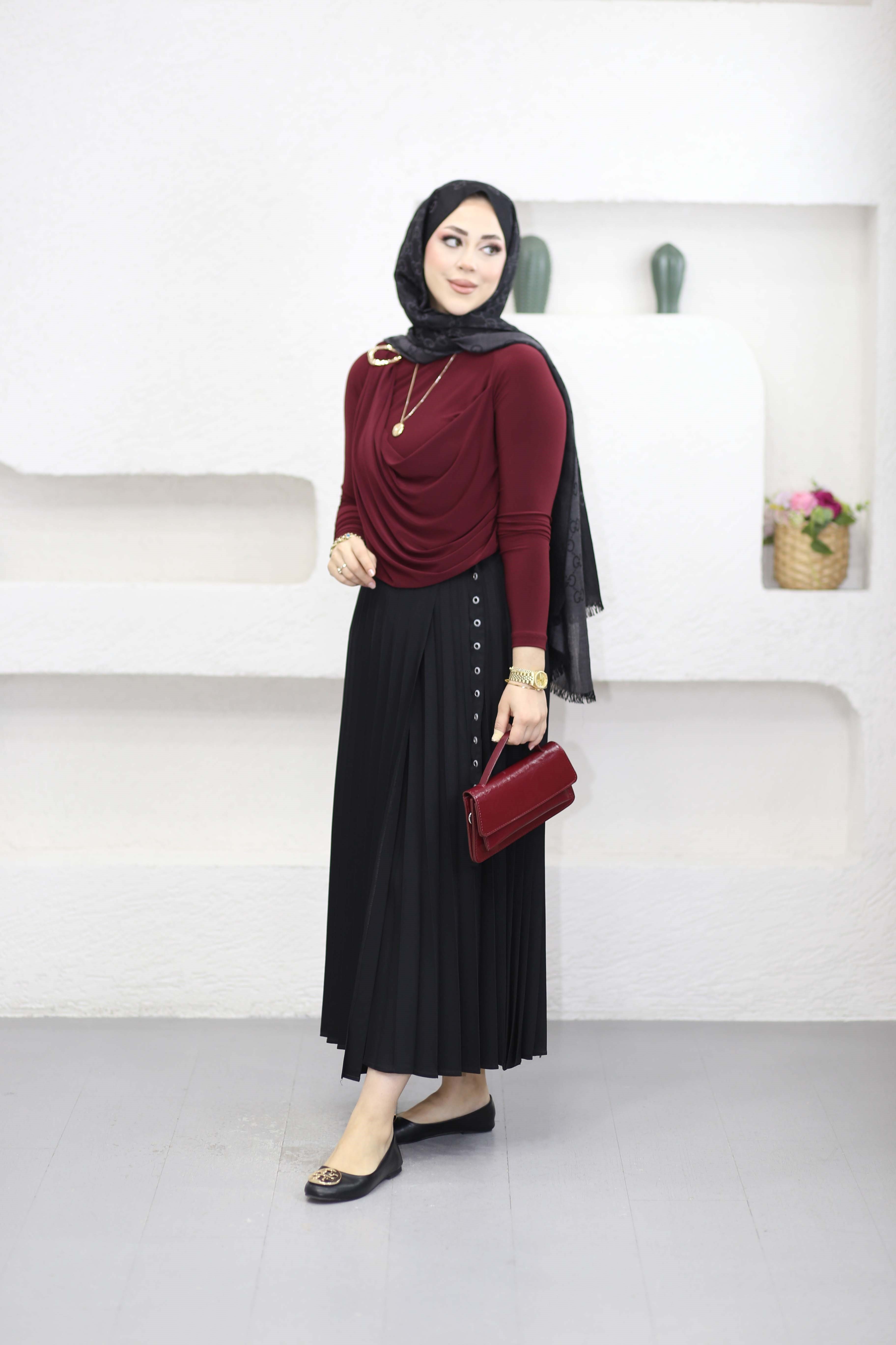 Şal Detaylı Sandy Bluz Bordo 9070