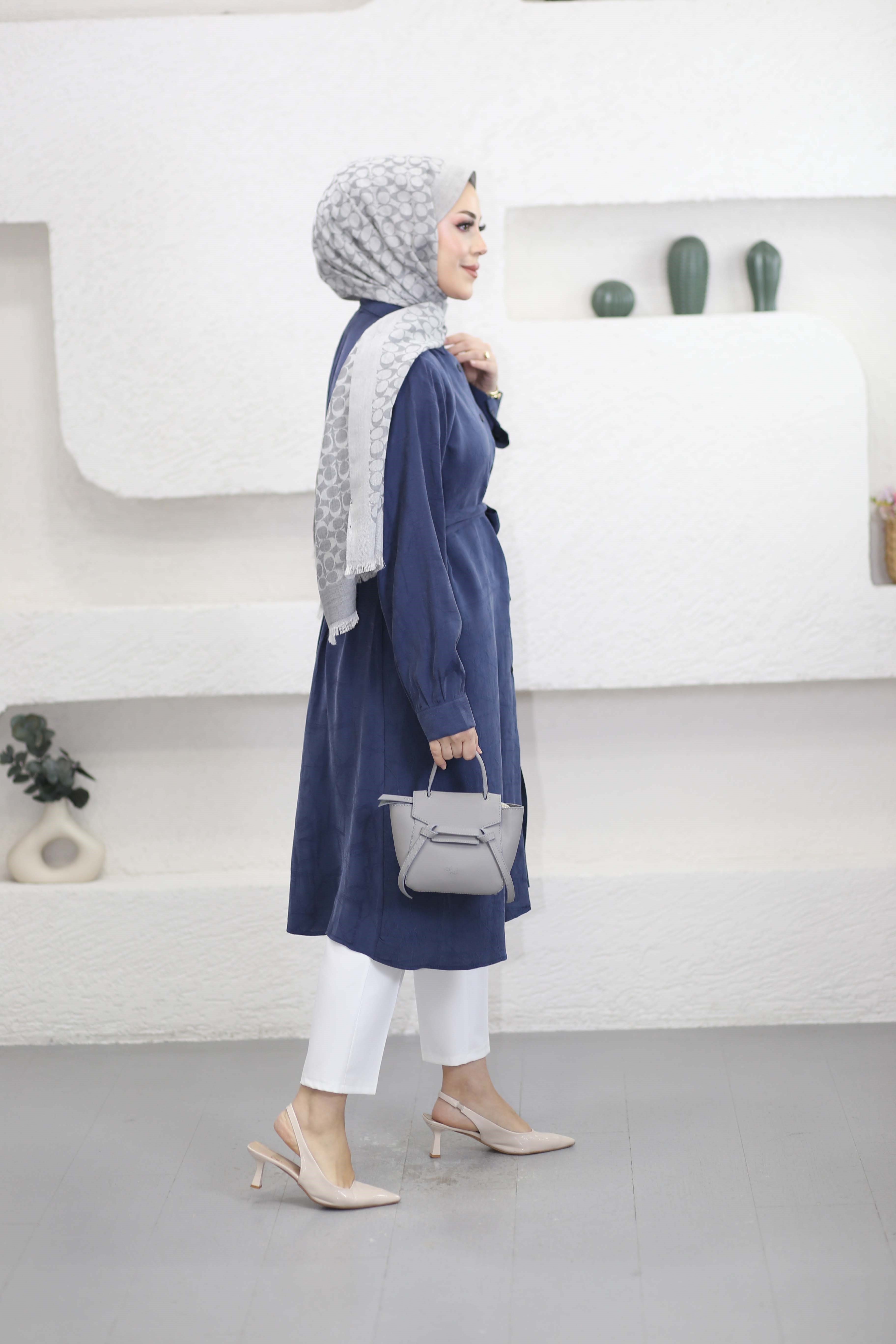 Kendinden Desenli Araboy Tunik Lacivert 4657
