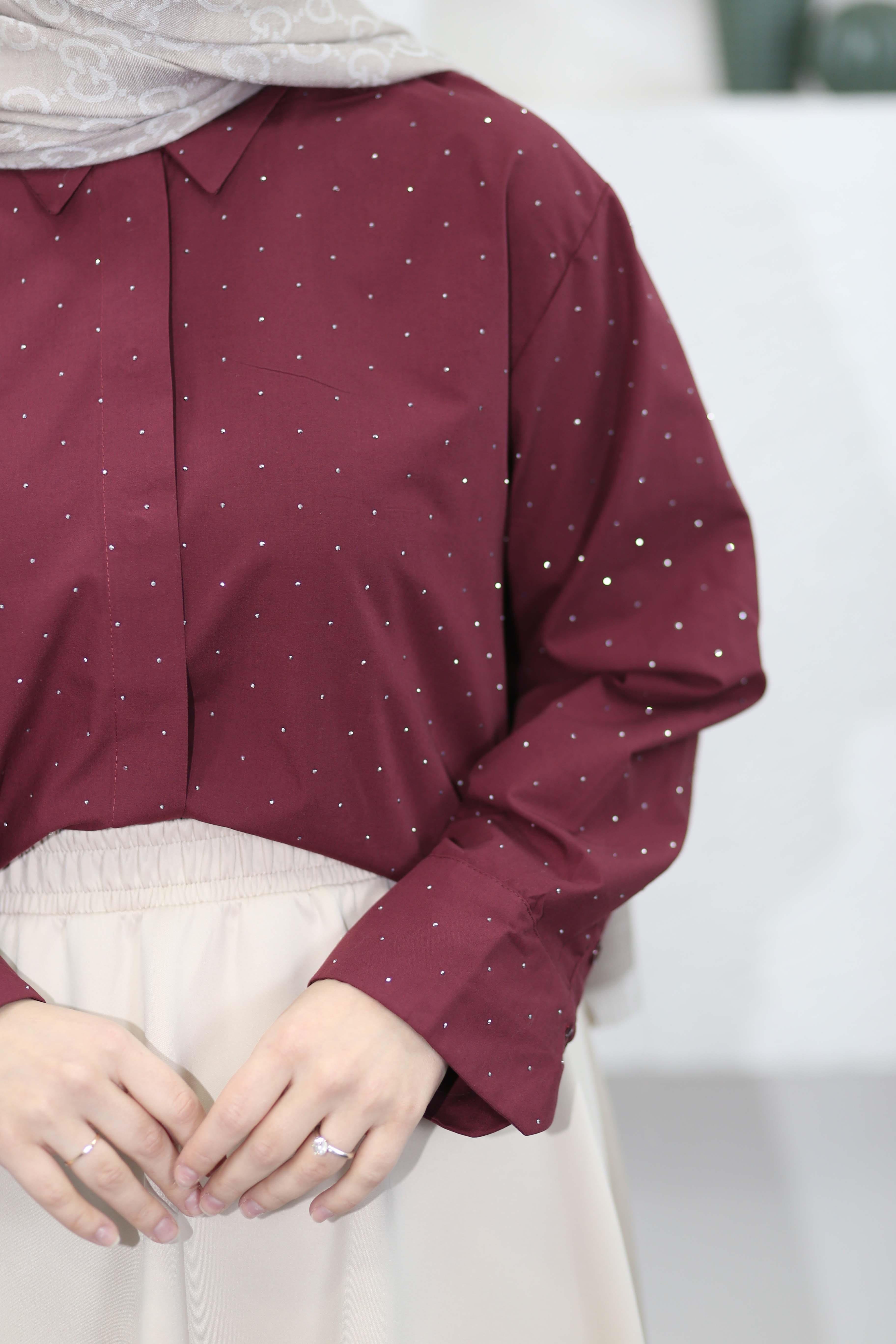 Taş İşlemeli Gömlek Bordo 25162