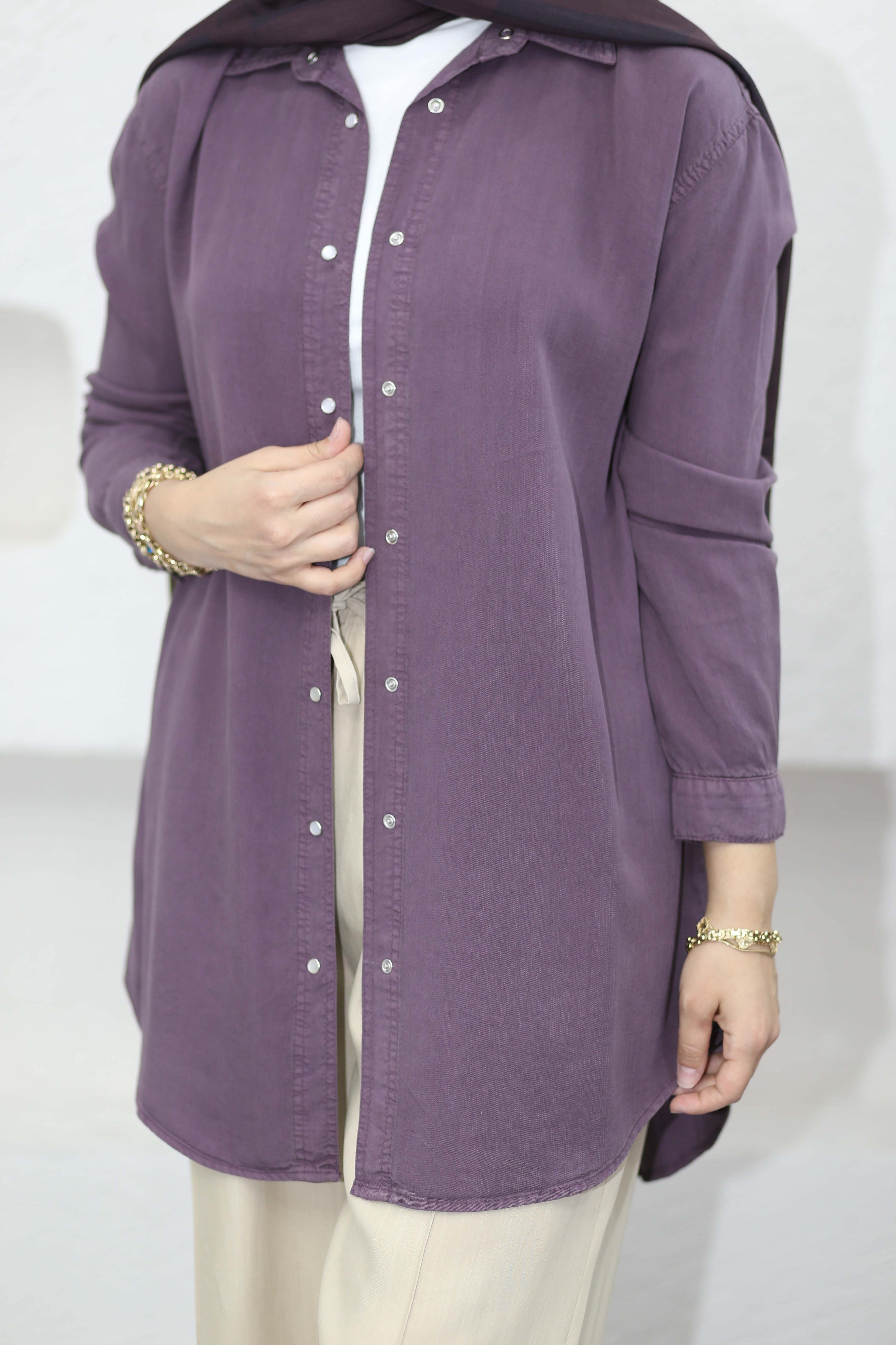 Çıtçıtlı Tencel Gömlek Mor 7546