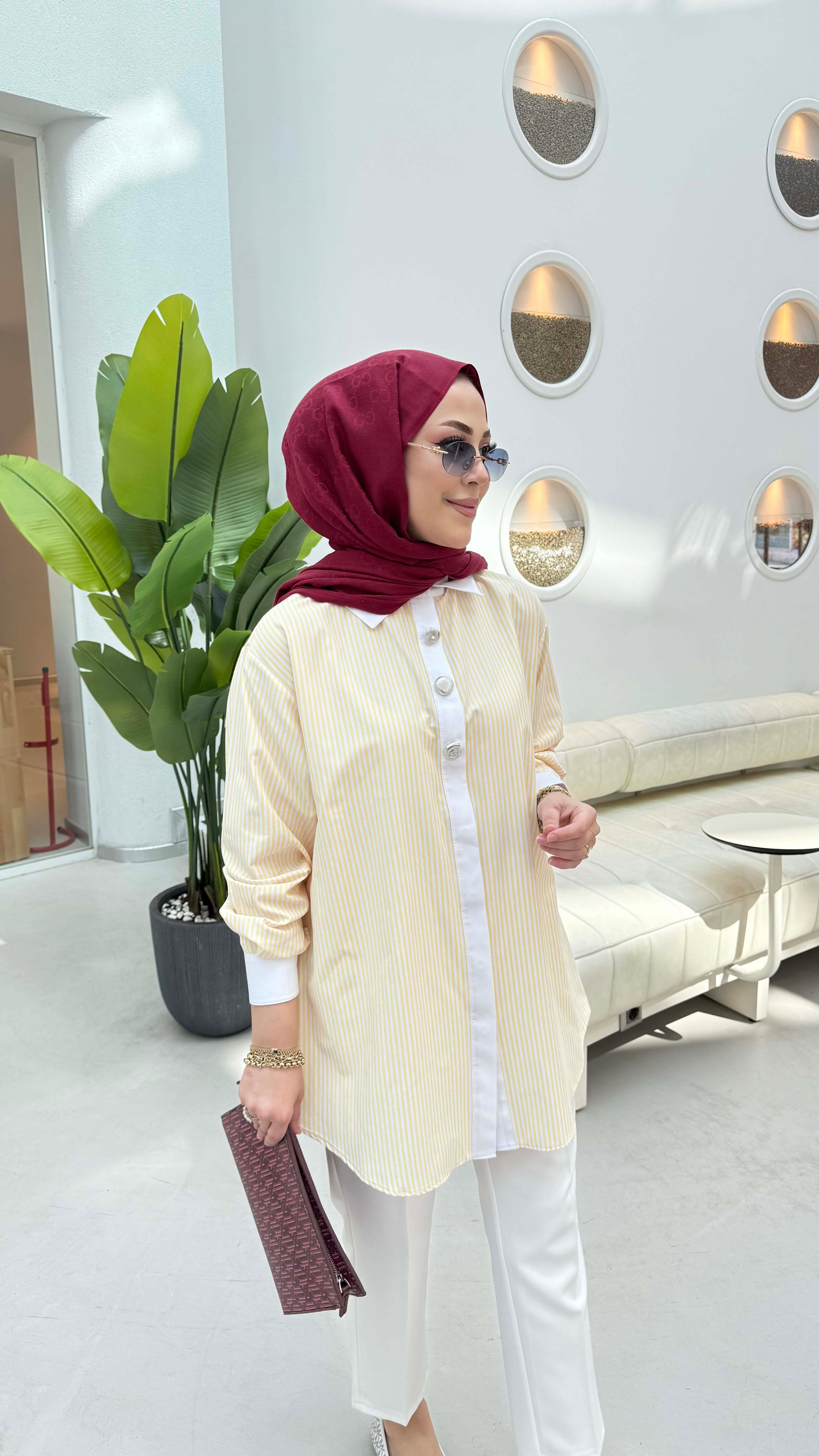 Çizgili Düğmeli Gömlek Sarı 1520