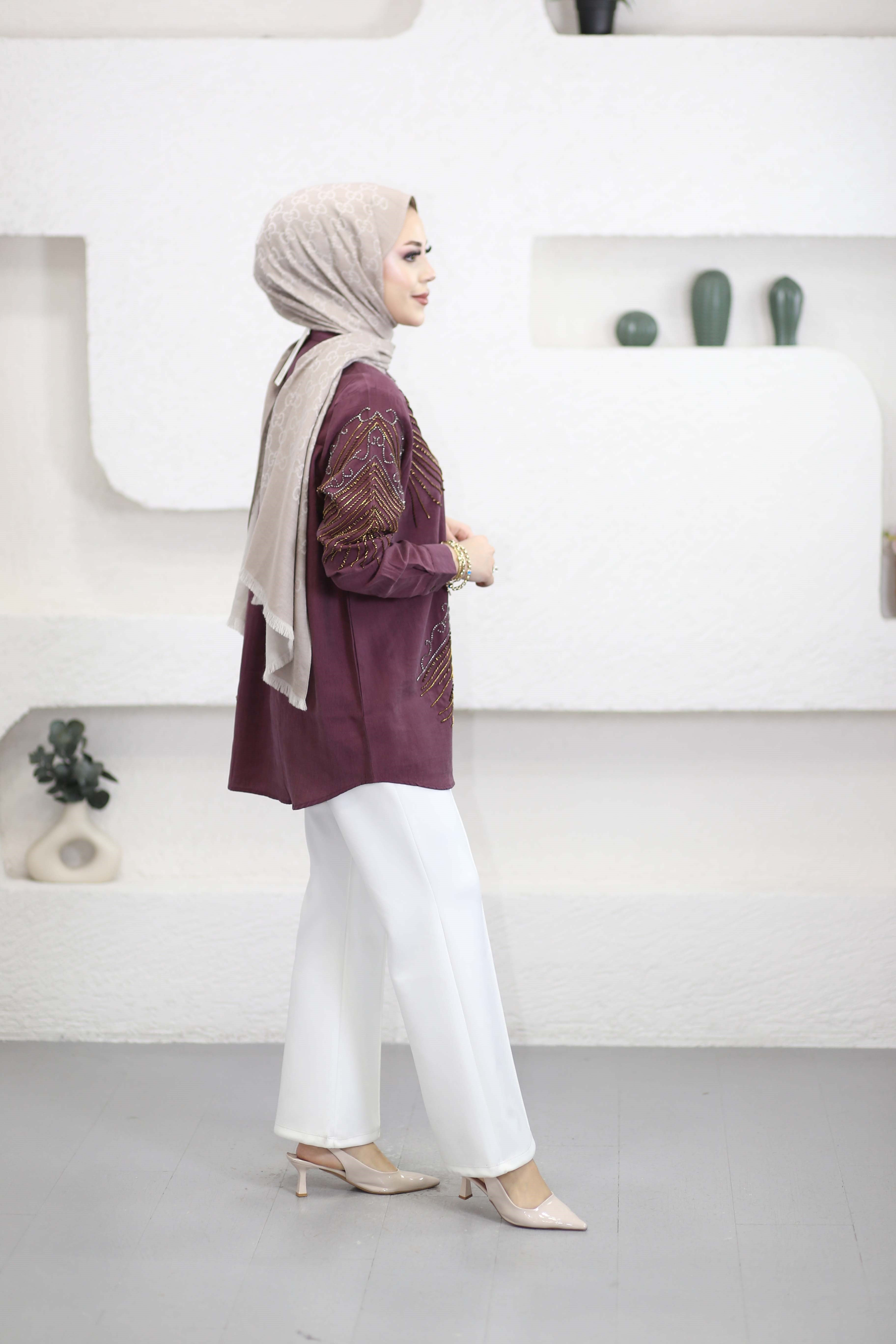 Sarmaşık Taşlı Gömlek Bordo 2121