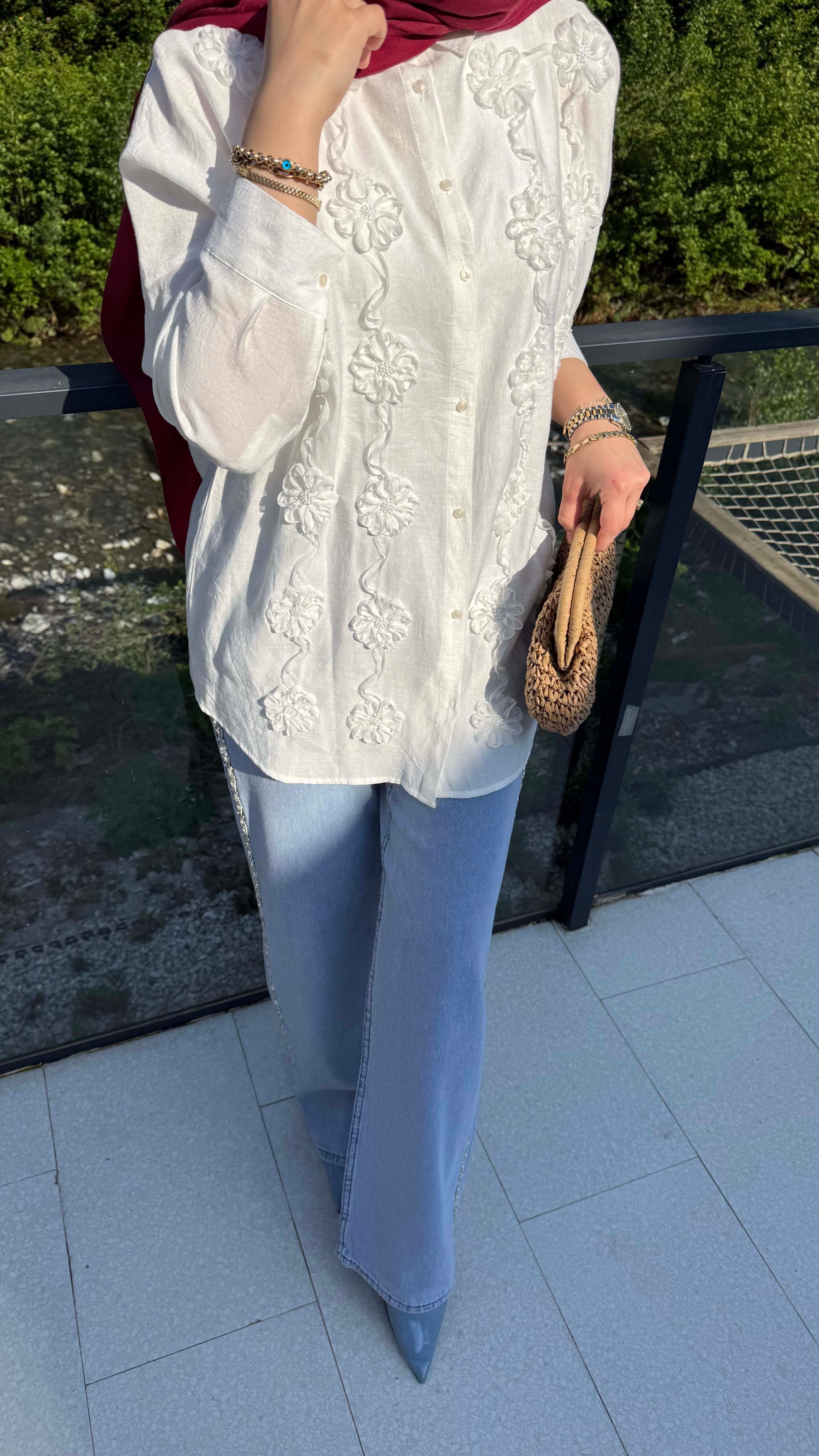Çiçek Tüllü Gömlek Beyaz 5479