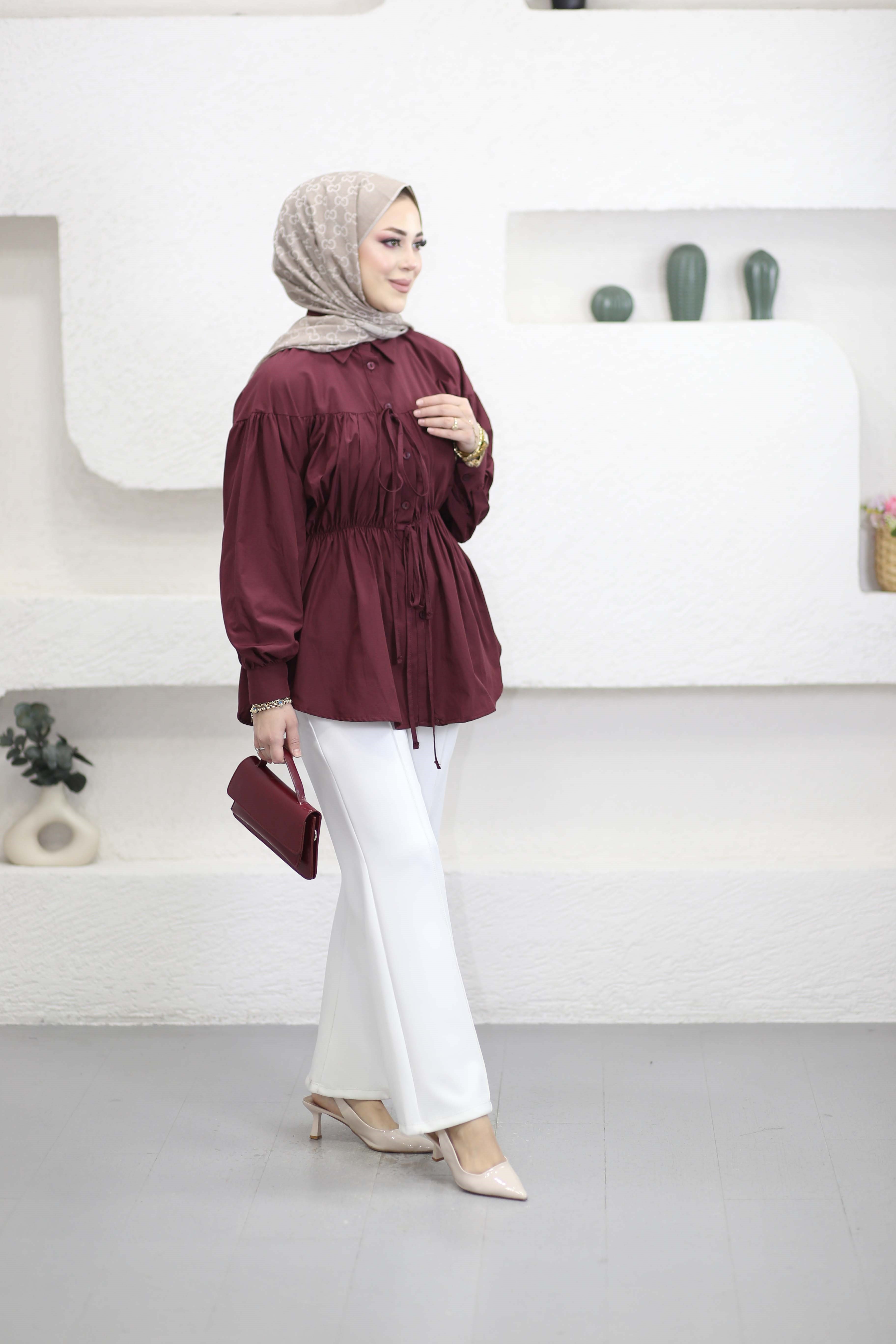 Reglan Kollu Önü Bağcıklı Gömlek Bordo 1964