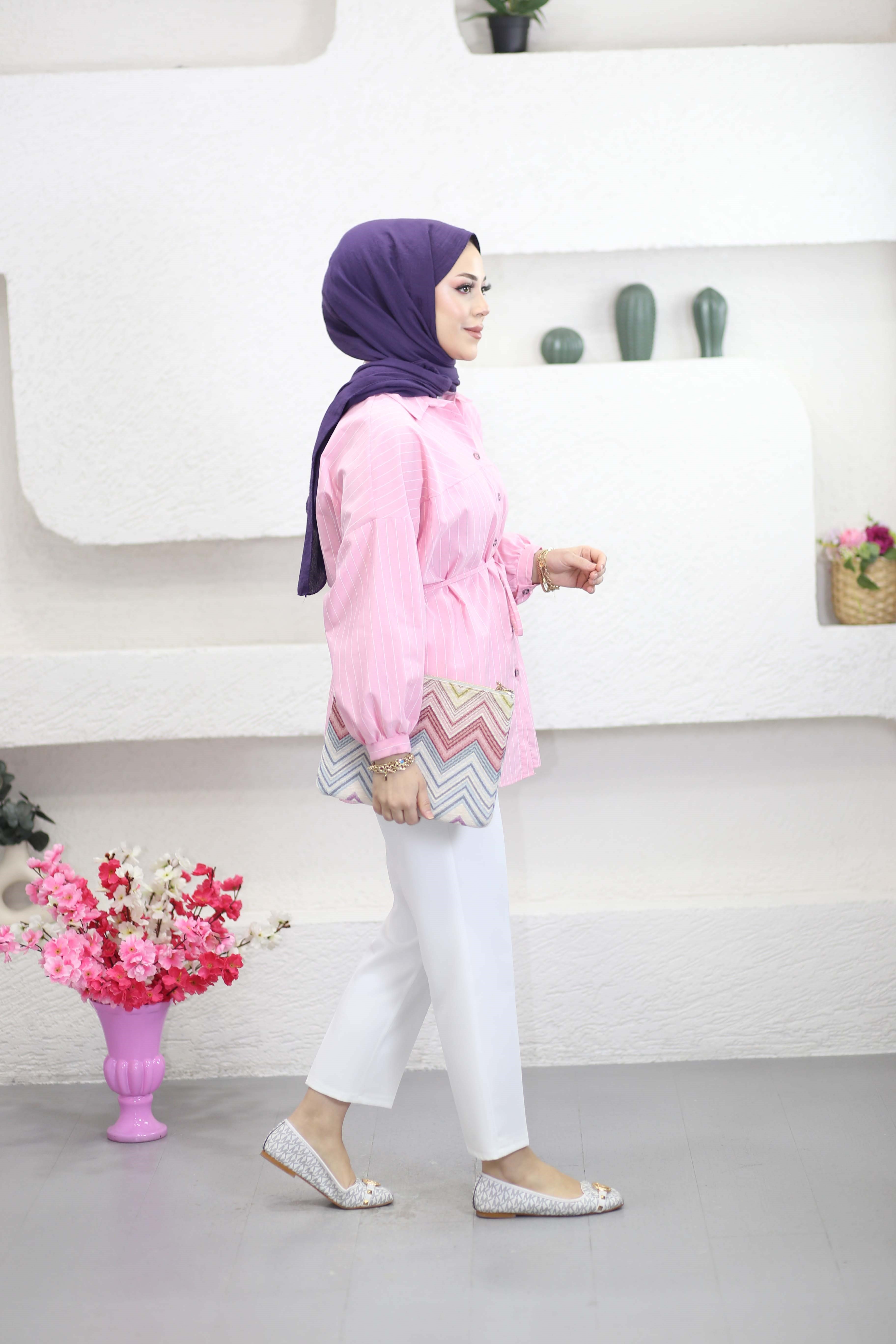 Kuşaklı Oversize Basıc Gömlek Şeker Pembe 6446