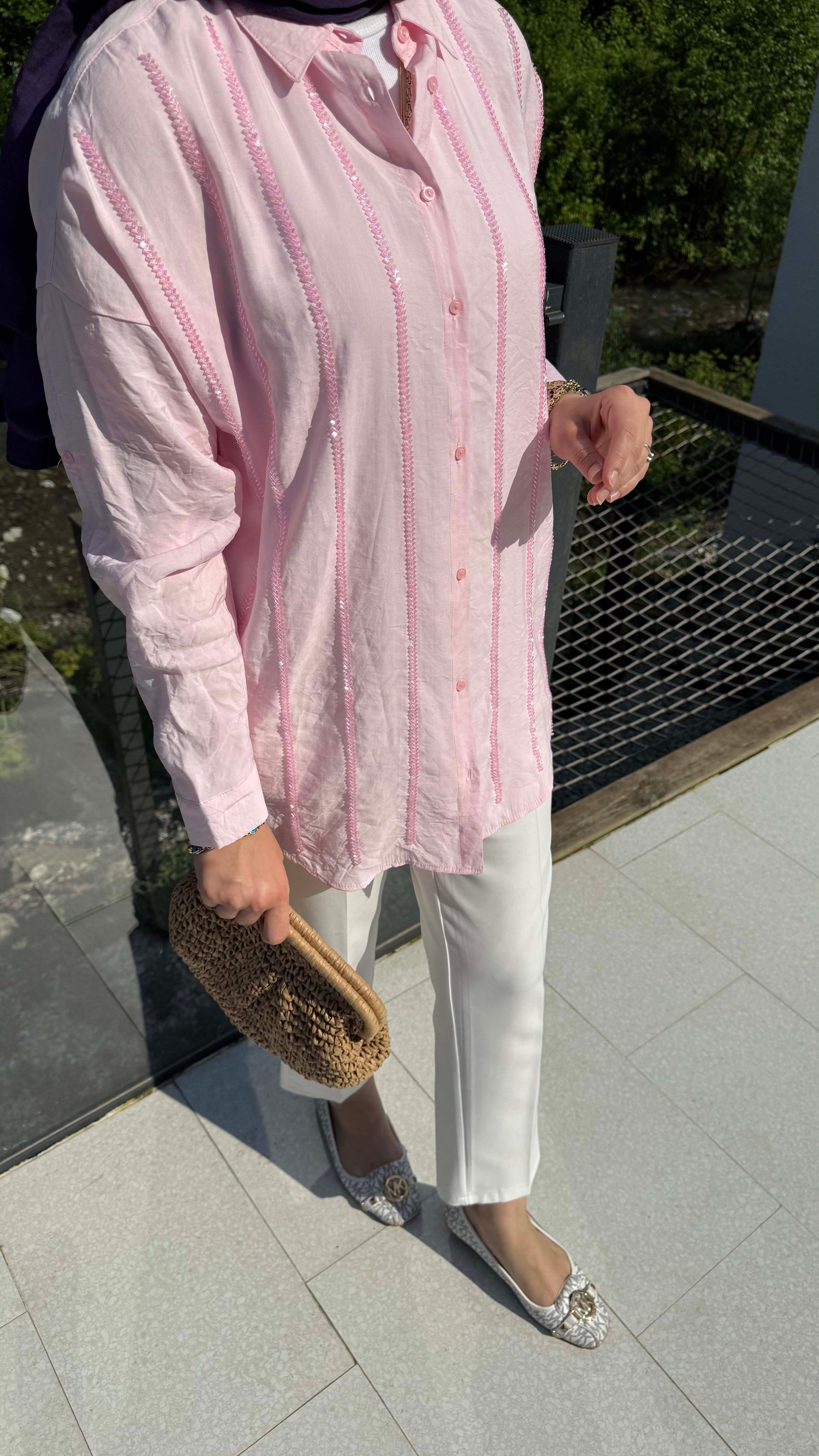 Şerit Taşlı Gömlek Pembe 5172