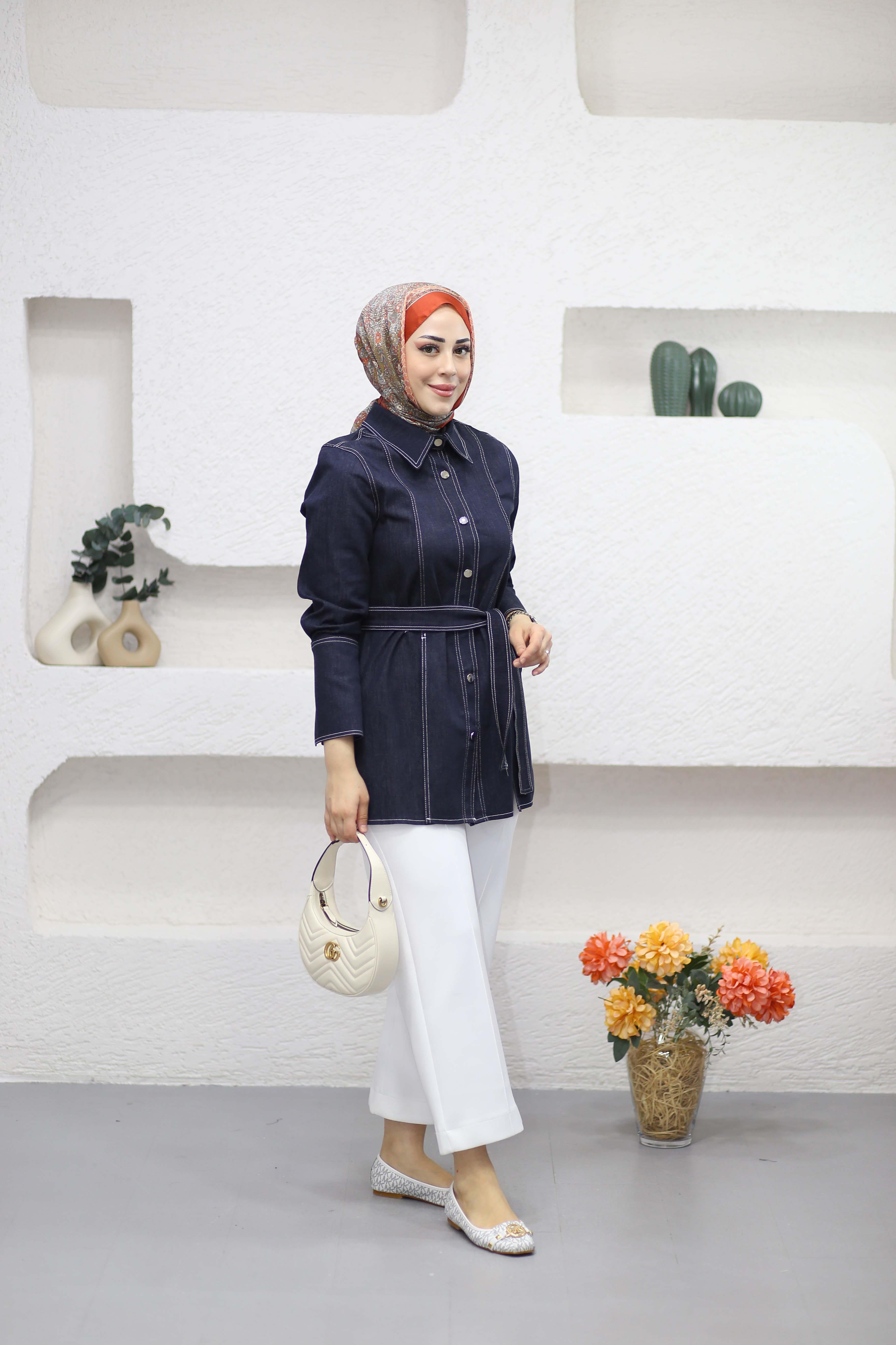 Denim Yırtmaç Gömlek Lacivert 831
