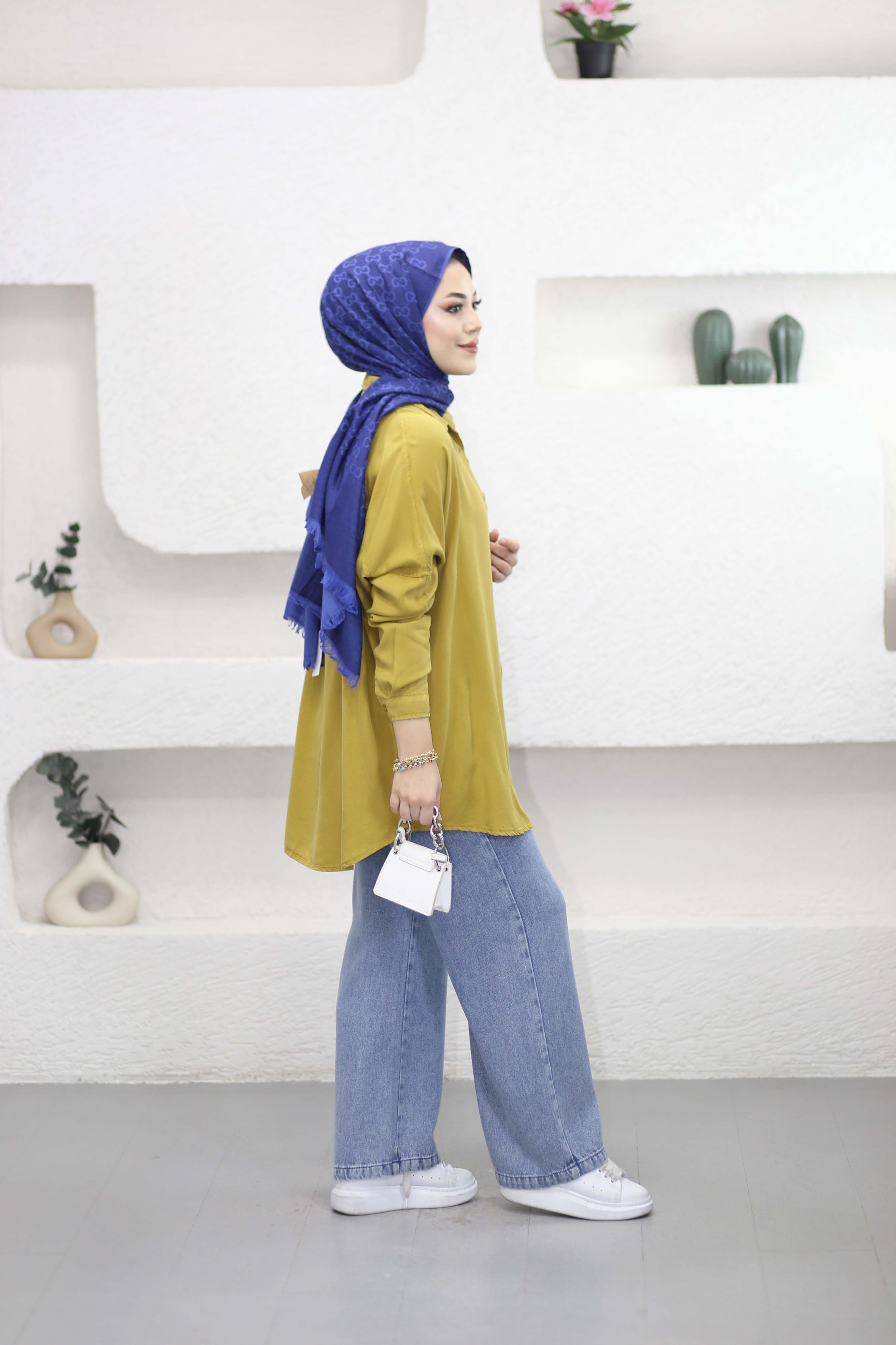 Oversize Tencel Gömlek Yağ Yeşili 7351