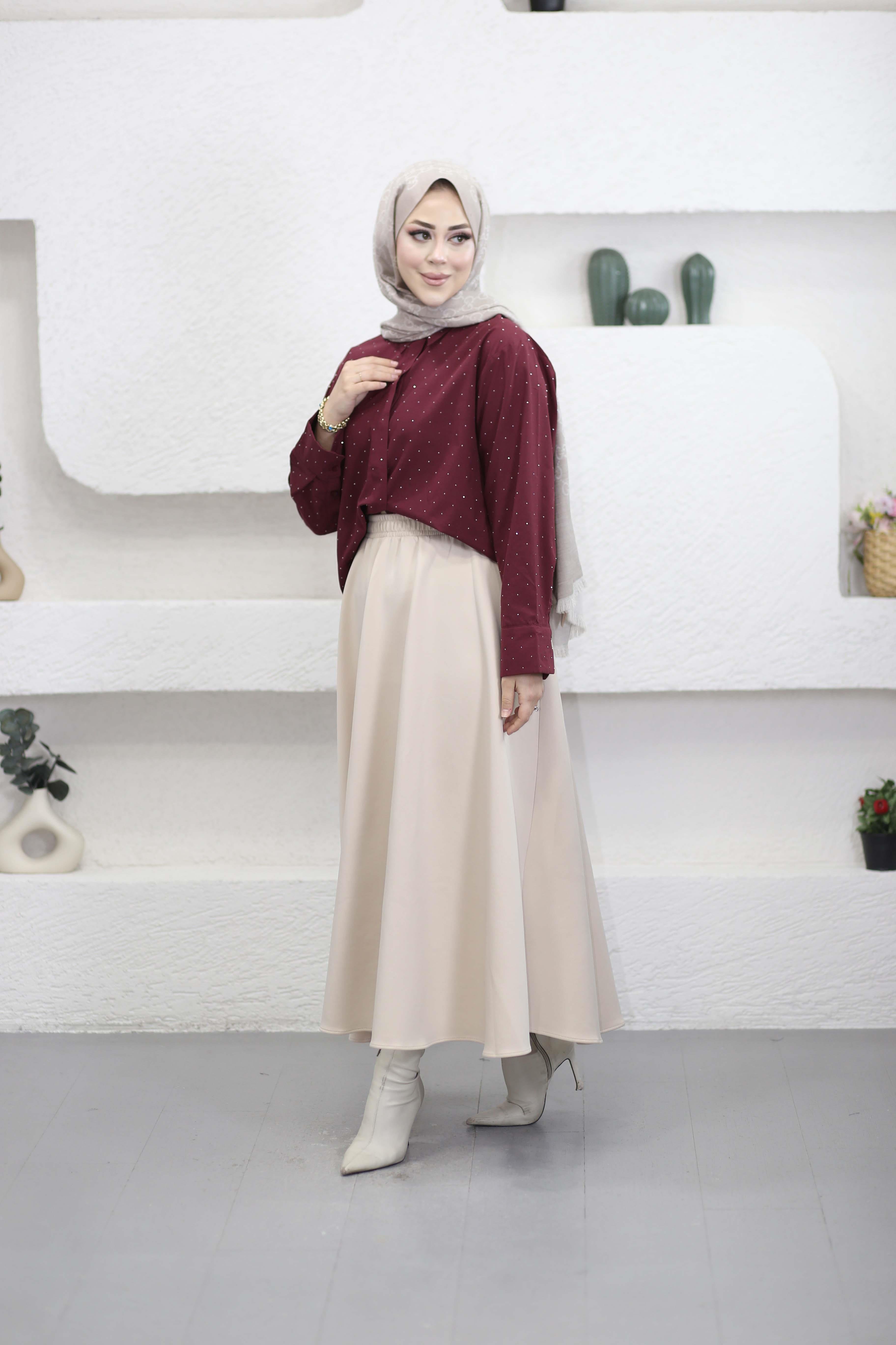 Taş İşlemeli Gömlek Bordo 25162