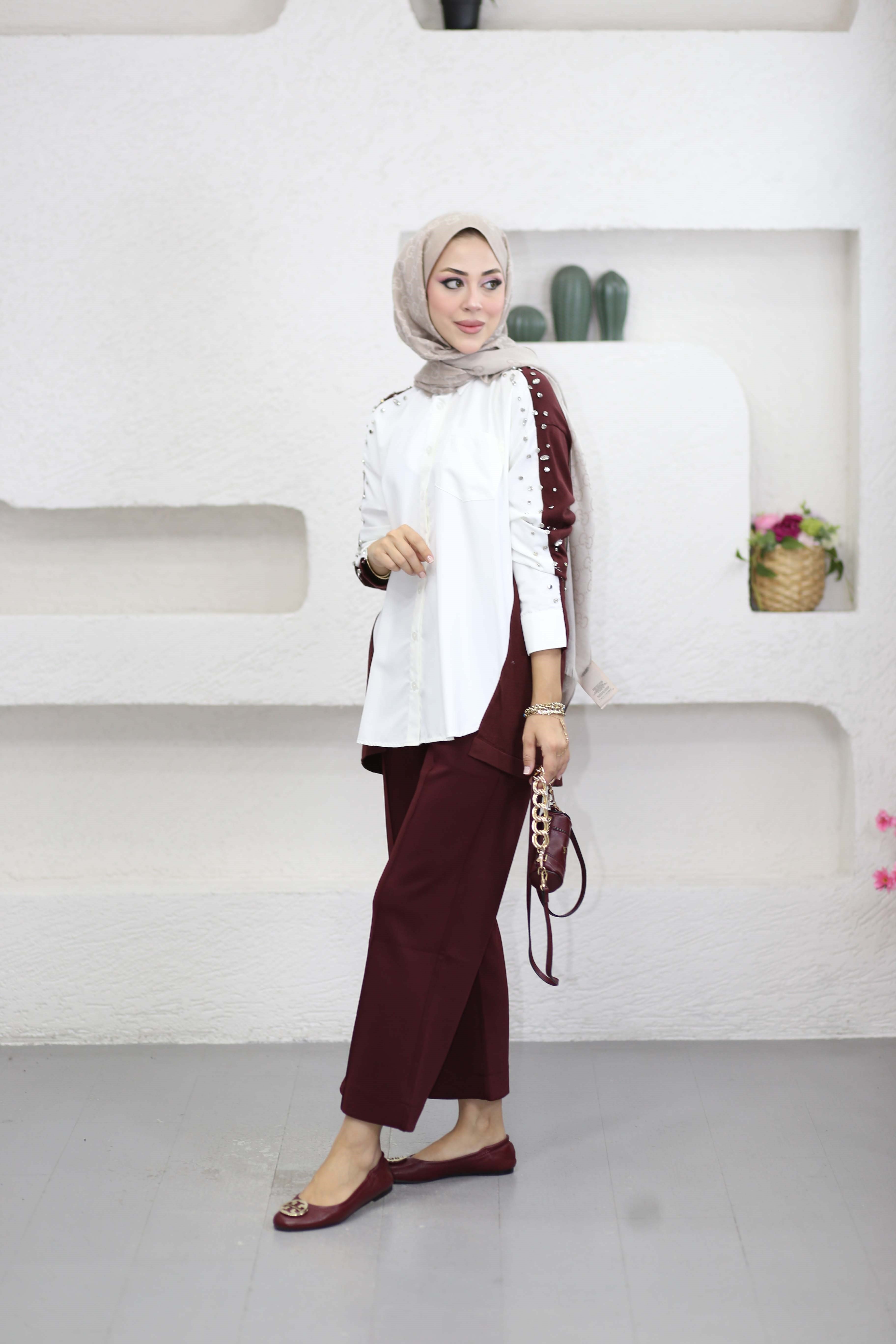 Kolu Taş Zımbalı Gömlek Bordo 26256