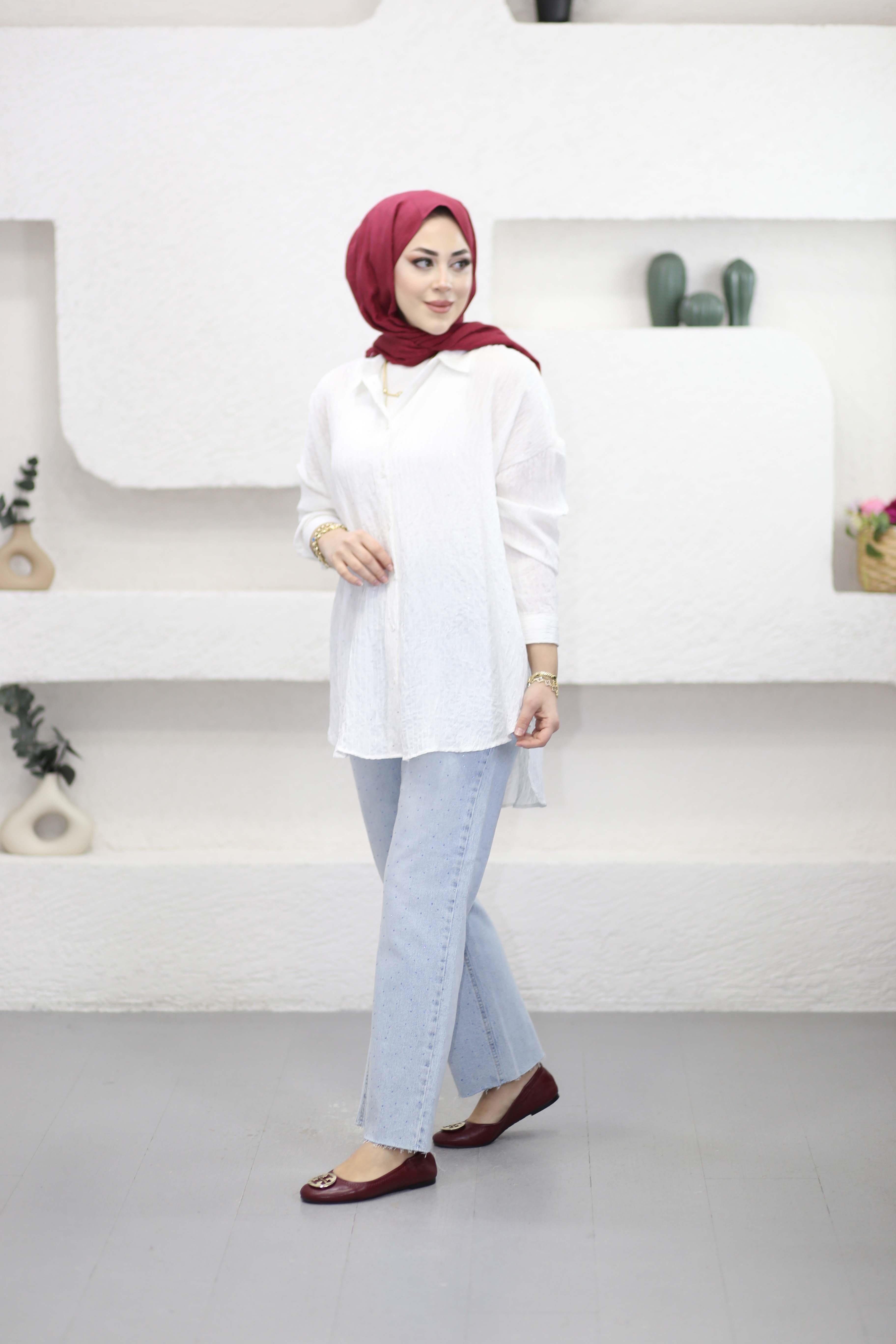 Pul Detaylı Gömlek Beyaz 3344