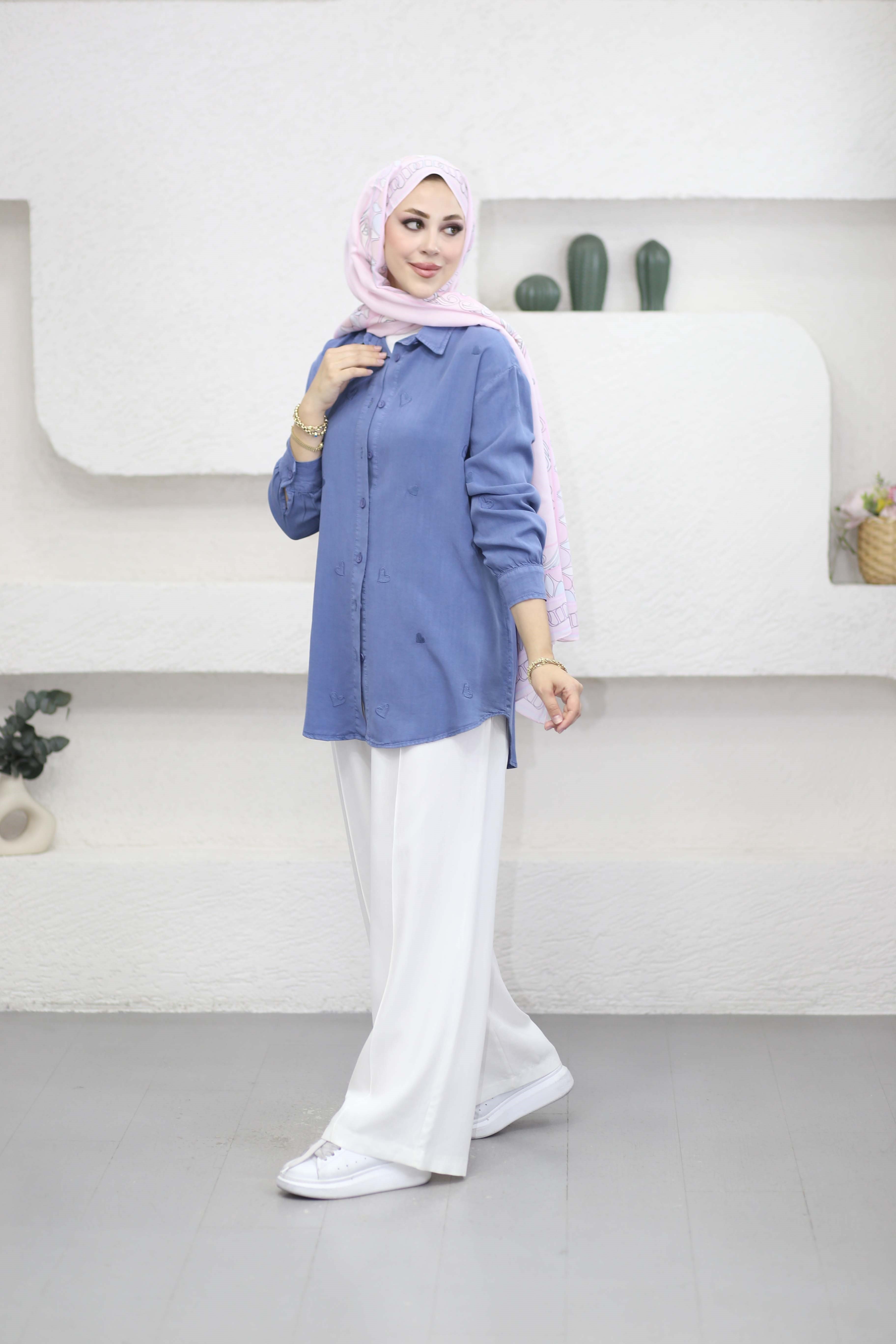 Mini Kalpli Tencel Gömlek Açık Mavi 7463