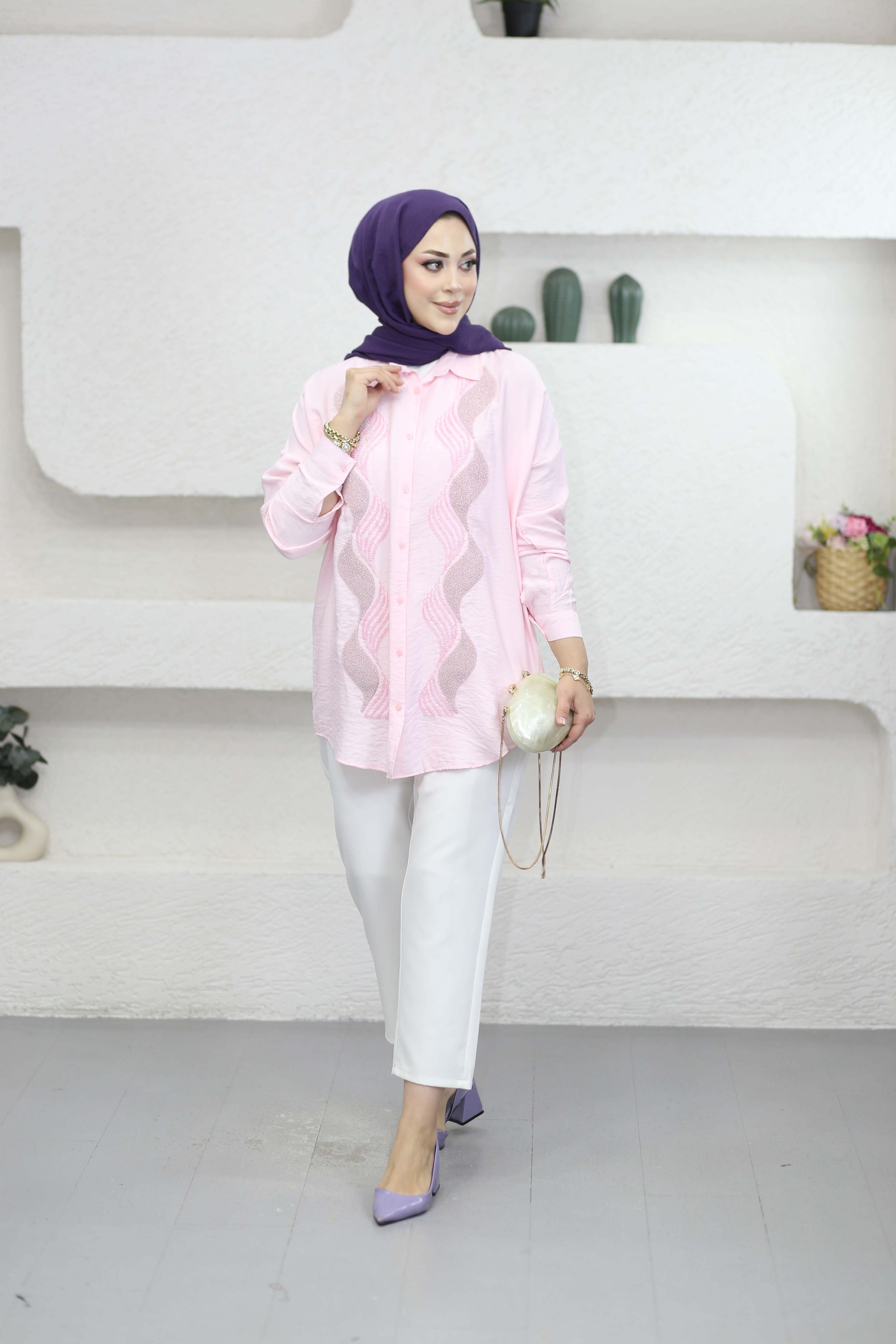 Zade Nakışlı Gömlek Pembe 5186