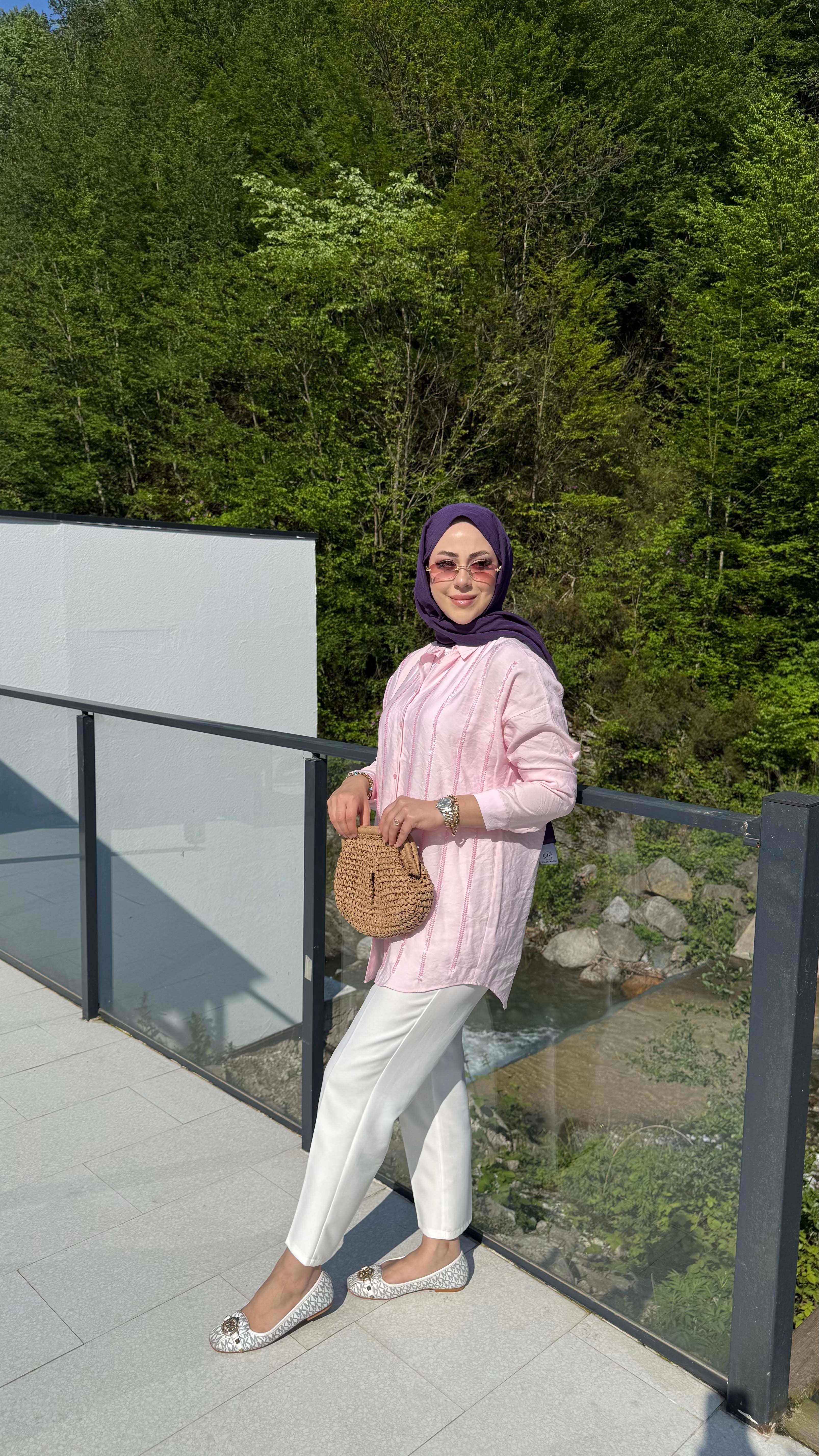 Şerit Taşlı Gömlek Pembe 5172