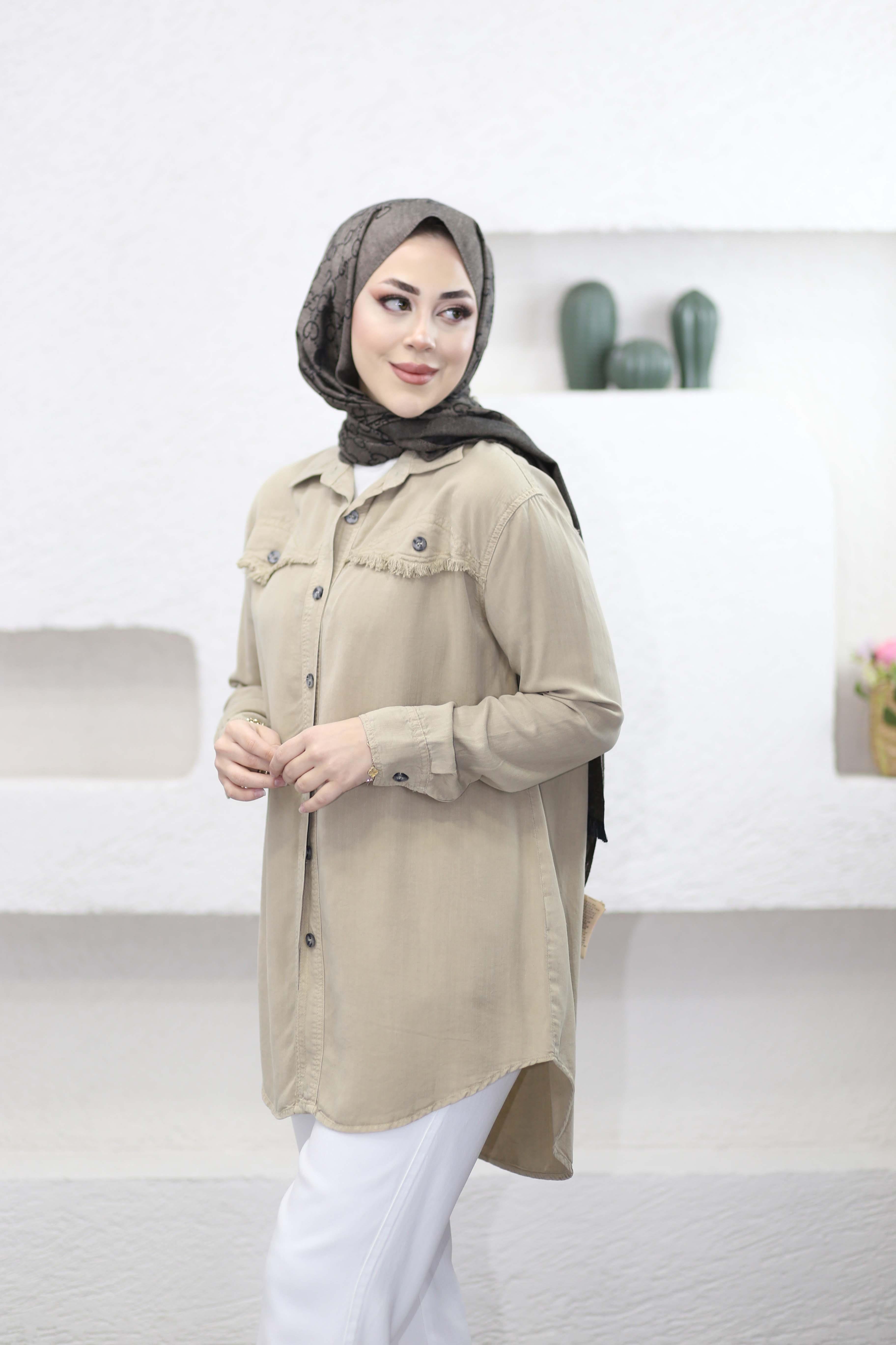 Düğmeli Tencel Gömlek Sütlü Kahve 7484