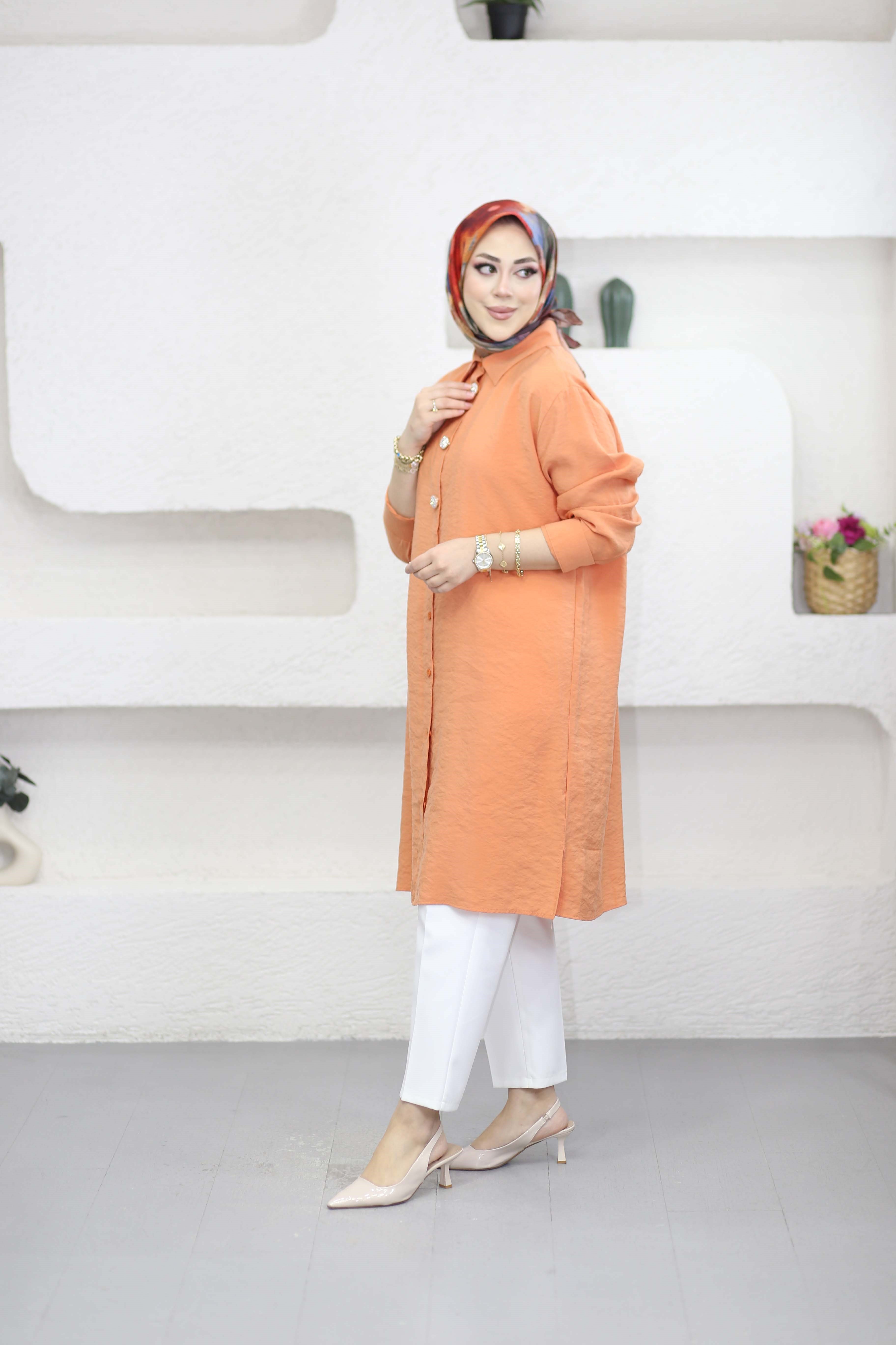 Şeritli Stil Uzun Gömlek Turuncu 260148