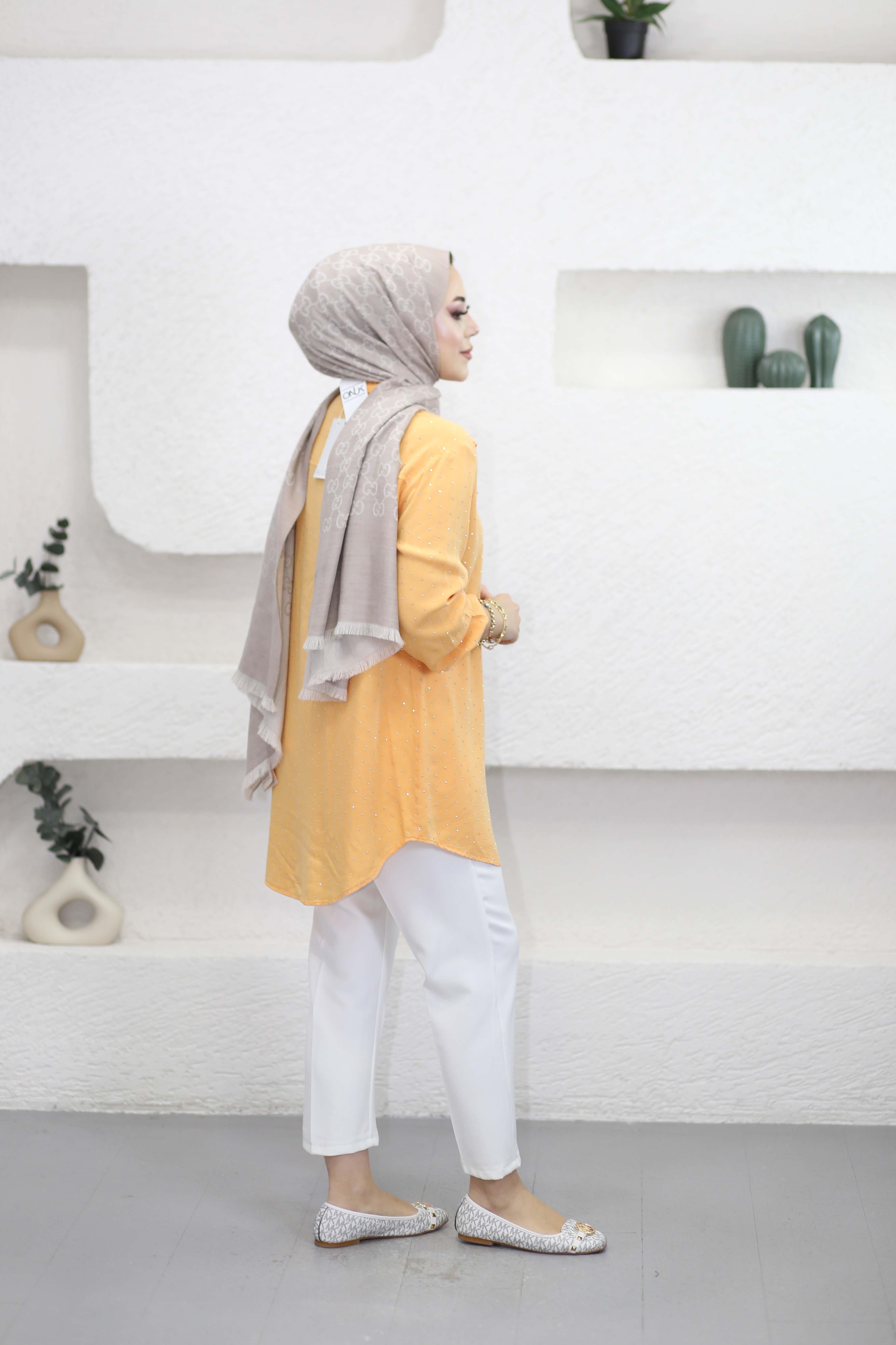 Taşlı Tencel Gömlek Oranj 7421