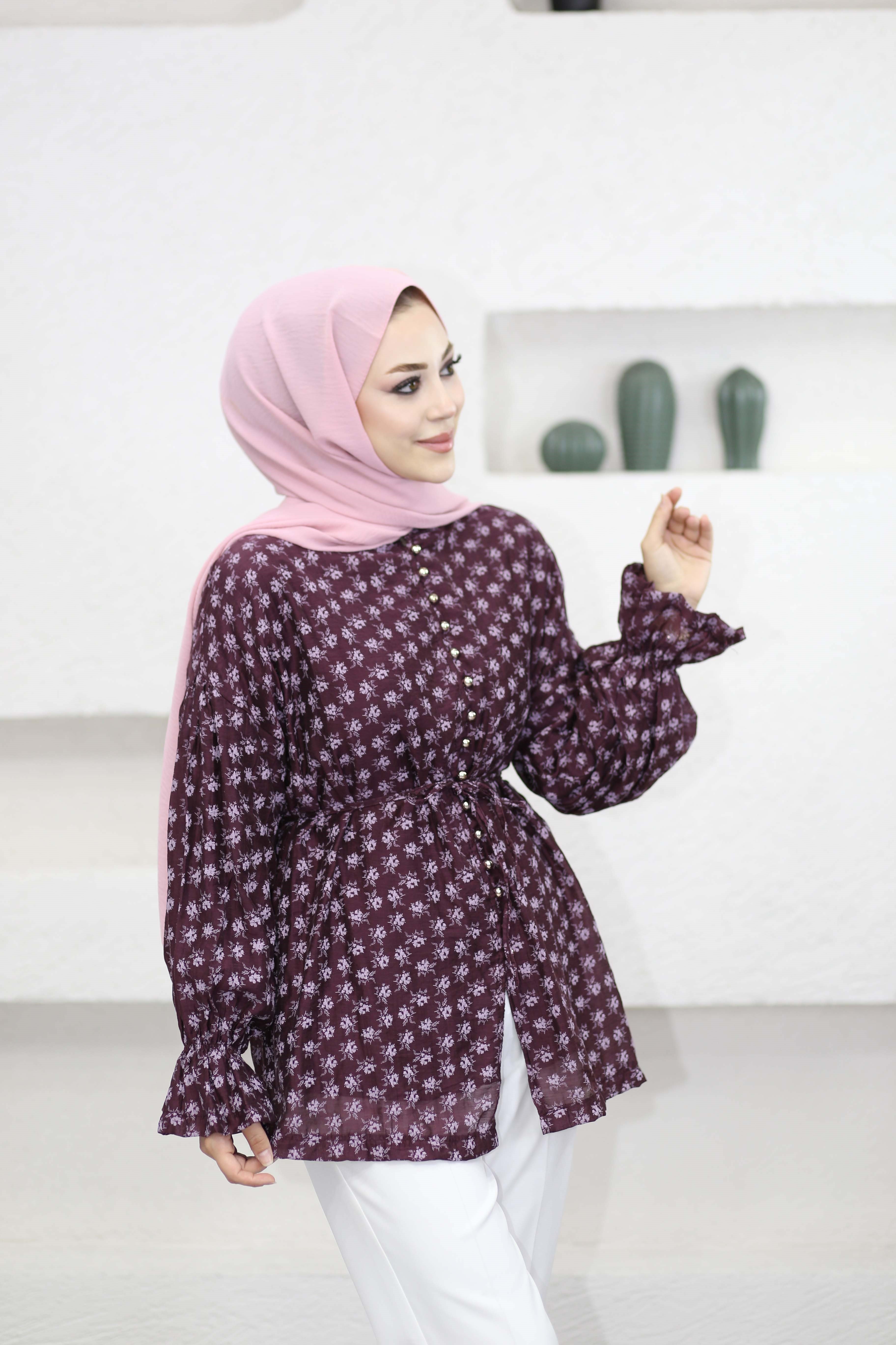 Mini Çiçekli Gömlek Bordo 24425