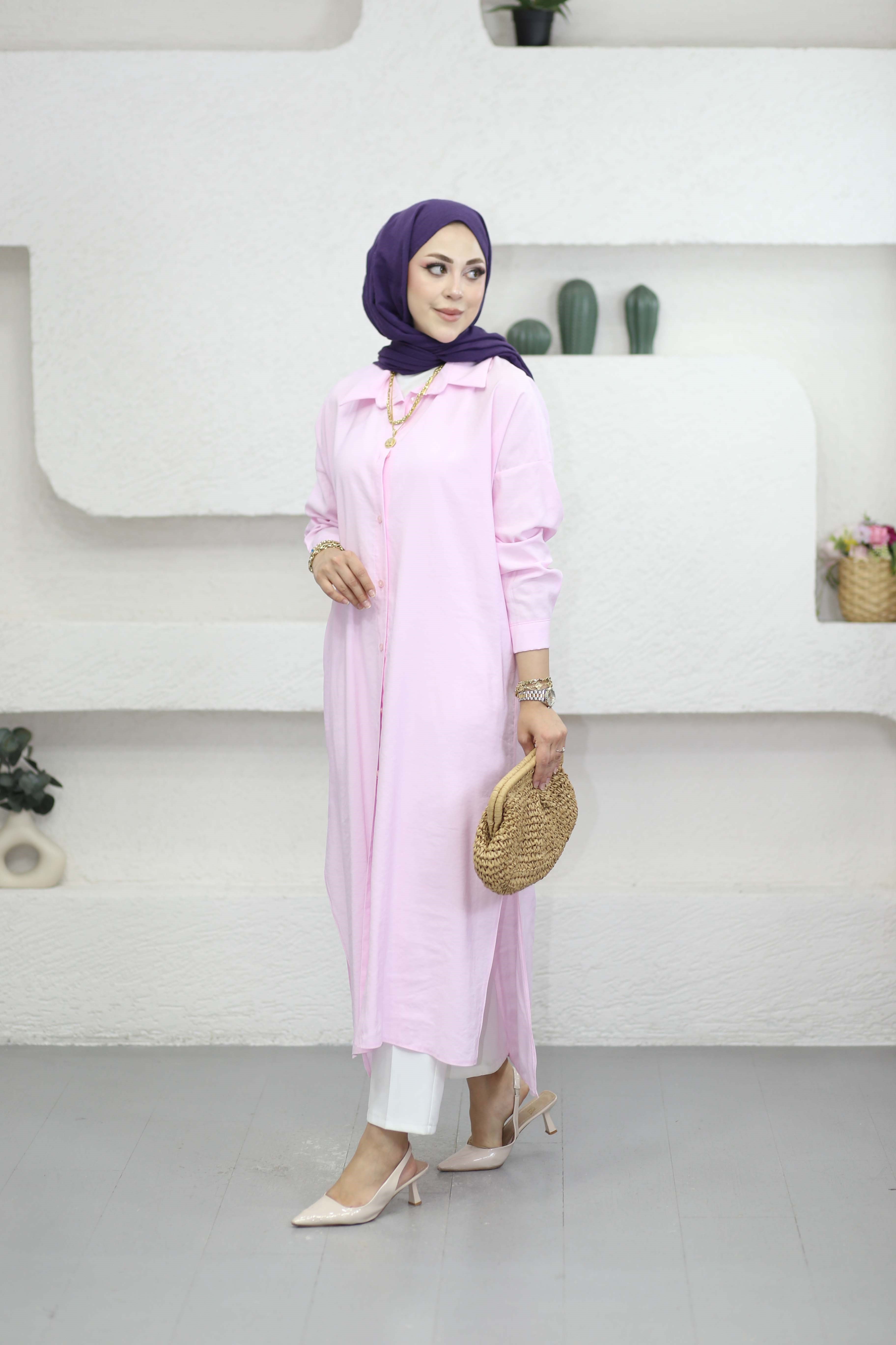 Yırtmaçlı Tam Boy Tunik Pudra 2760