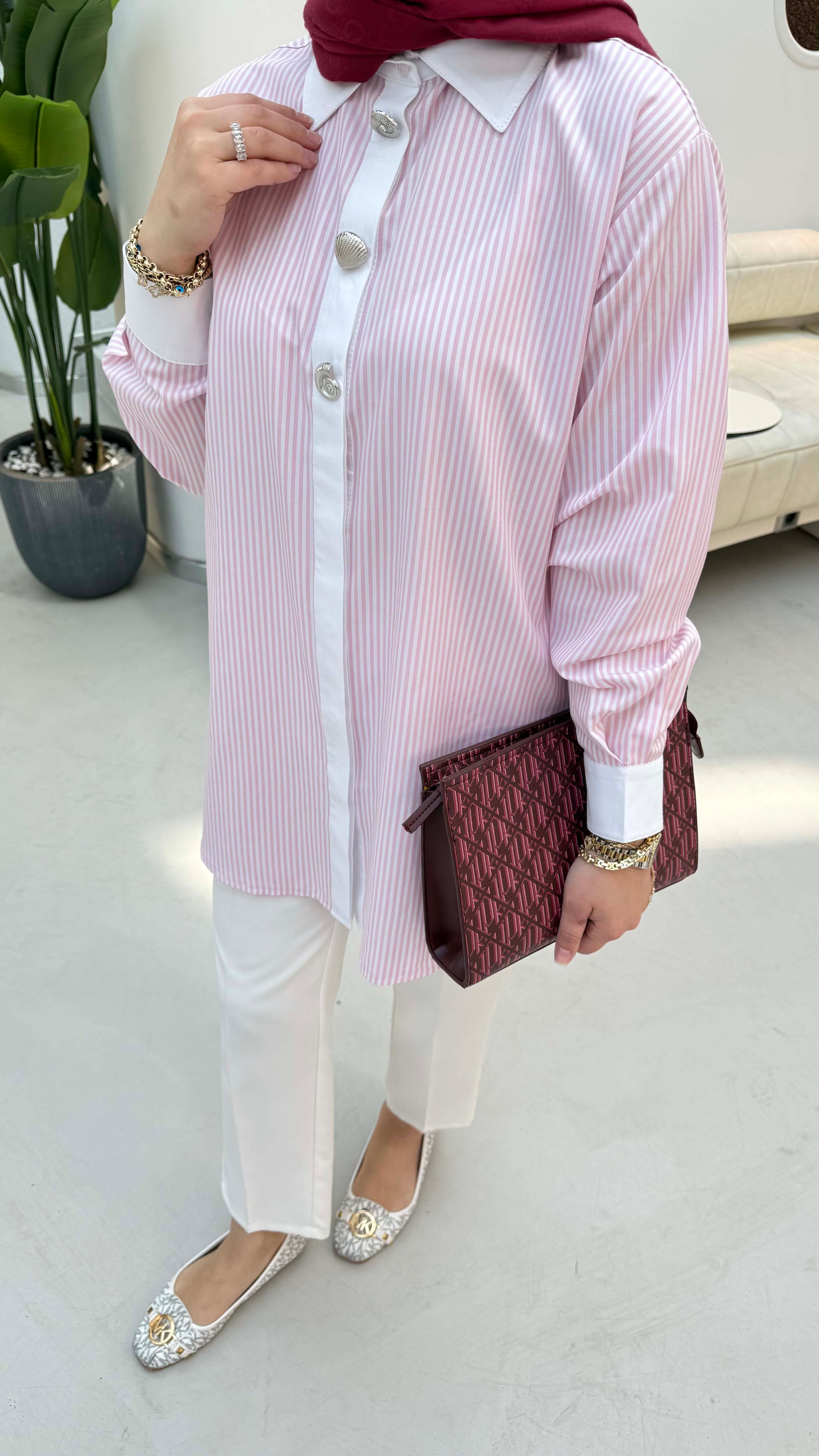 Çizgili Düğmeli Gömlek Pembe 1520