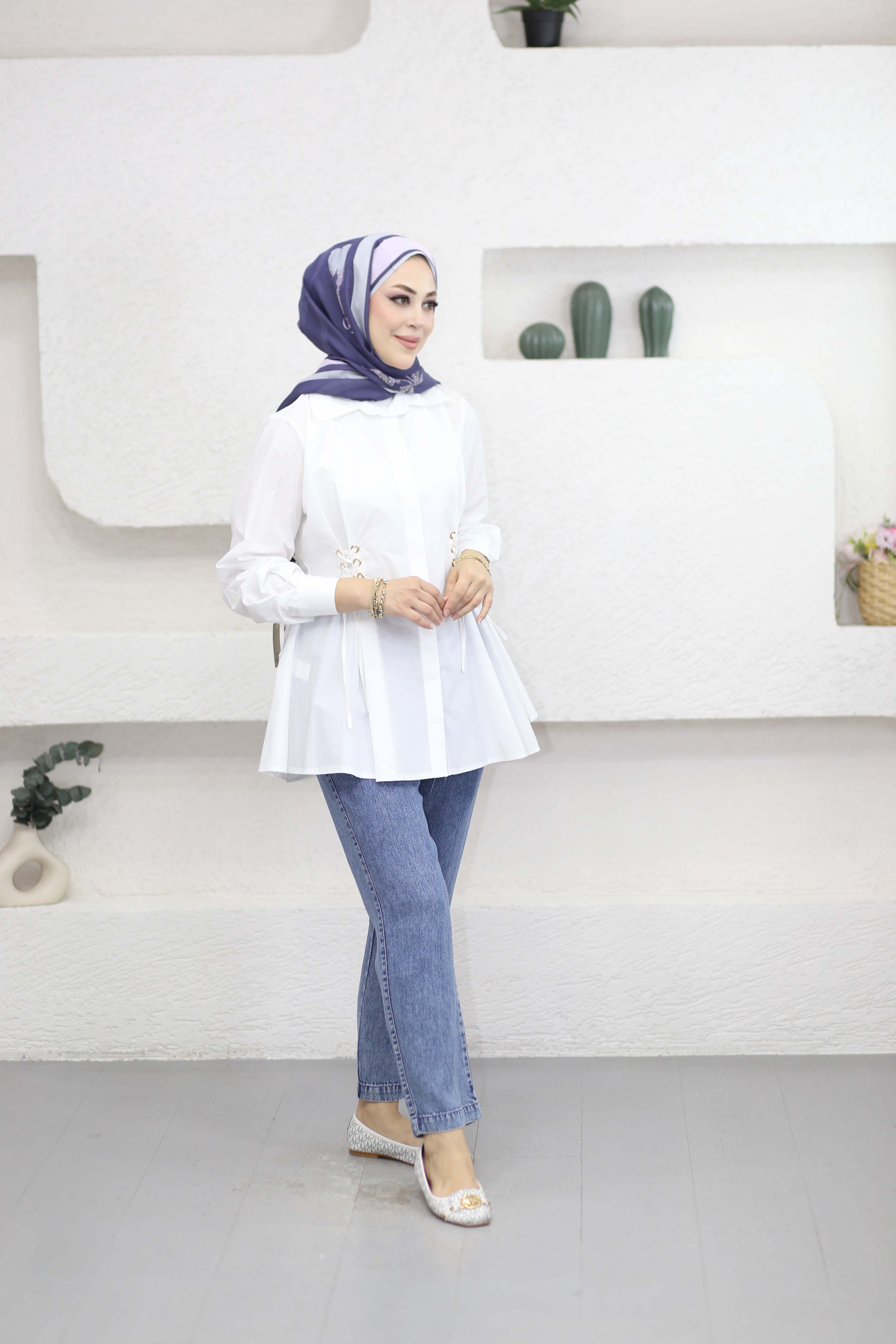 Kuş Gözlü Gömlek Beyaz 8036