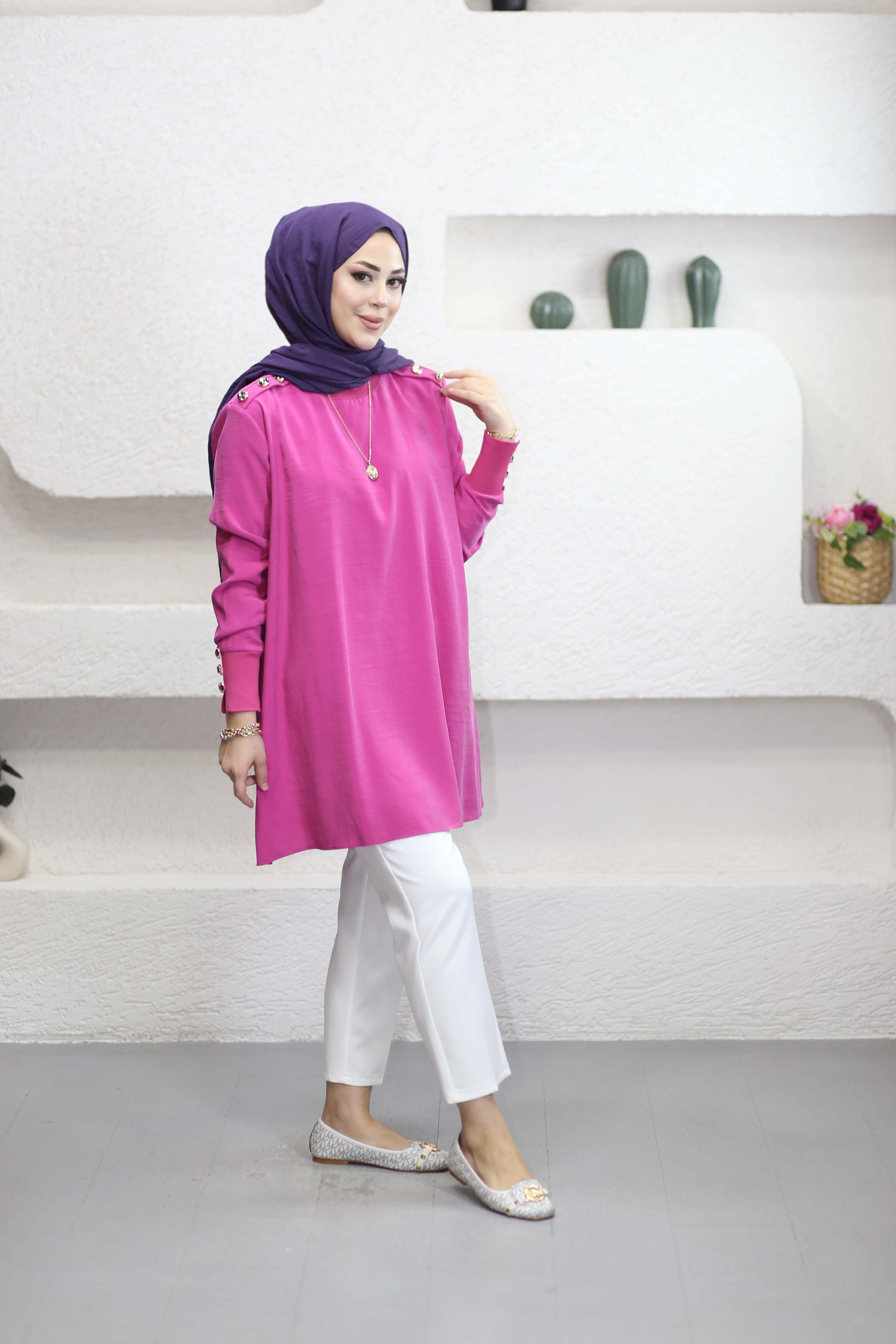 Omuz Aller Detaylı Tunik Pembe 4653