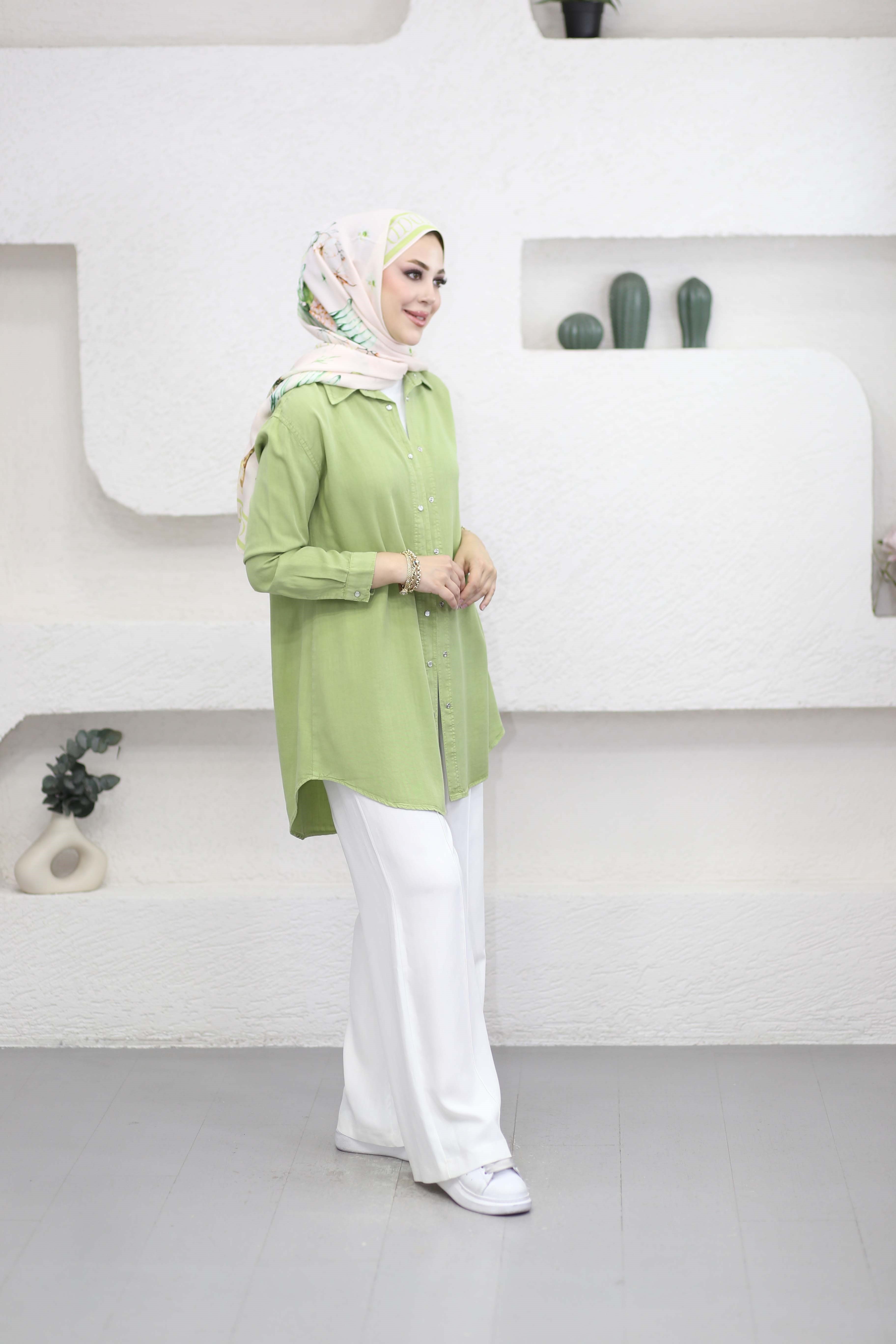 Çıtçıtlı Tencel Gömlek Yeşil 7546