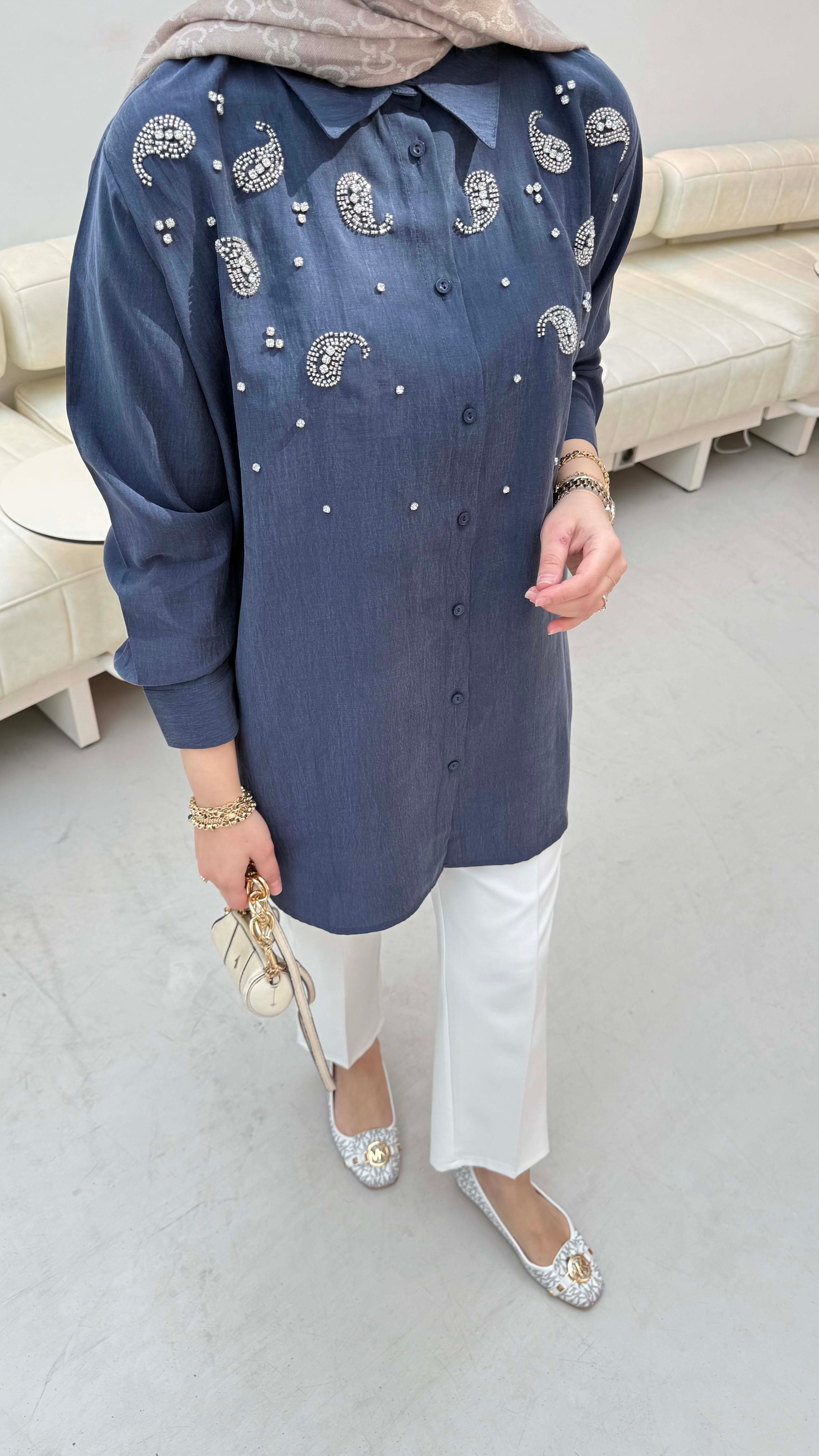 Taş İşleme Detaylı Gömlek Lacivert 3387