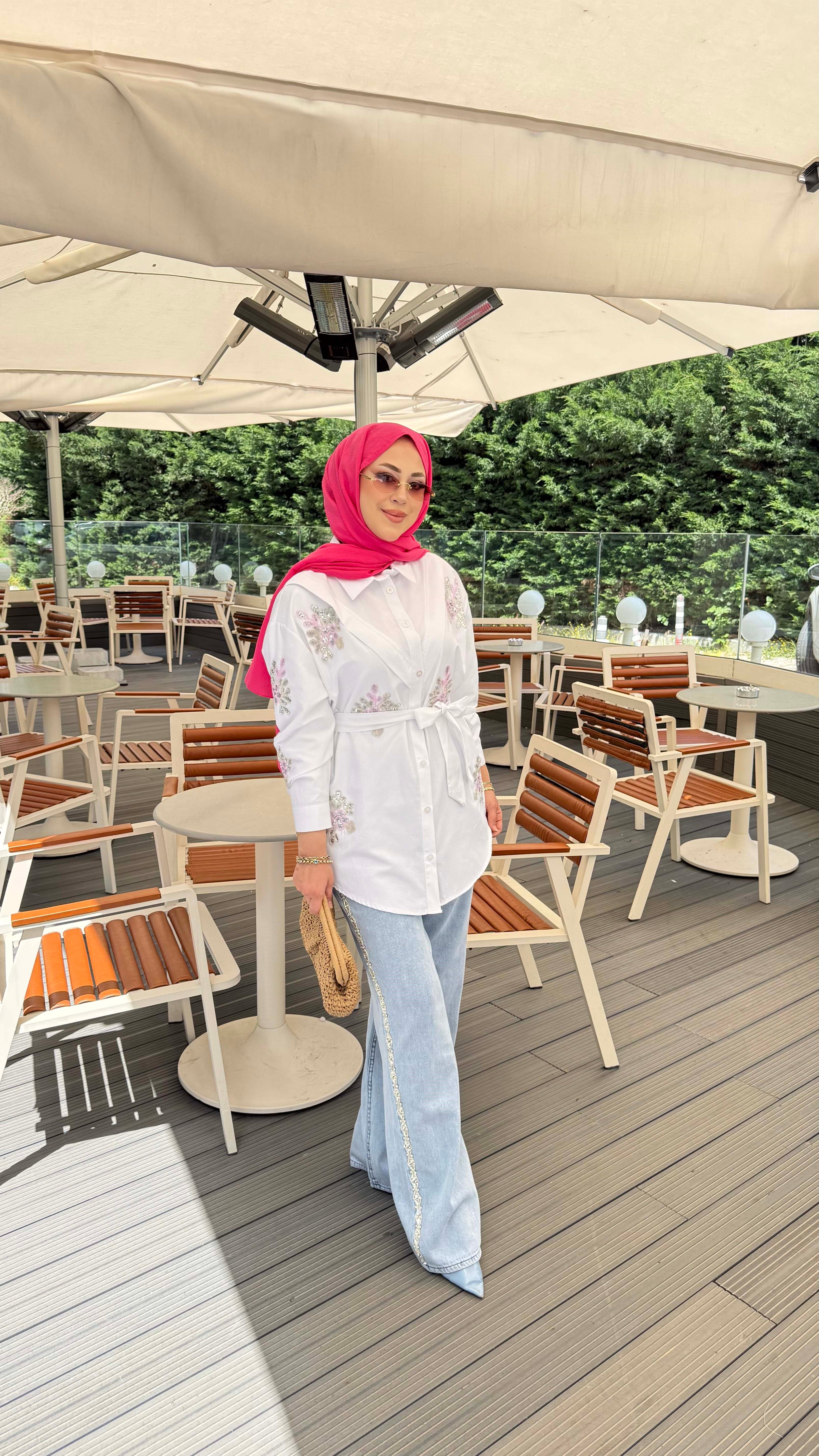 Taşlı Kuşaklı Gömlek Beyaz 170325