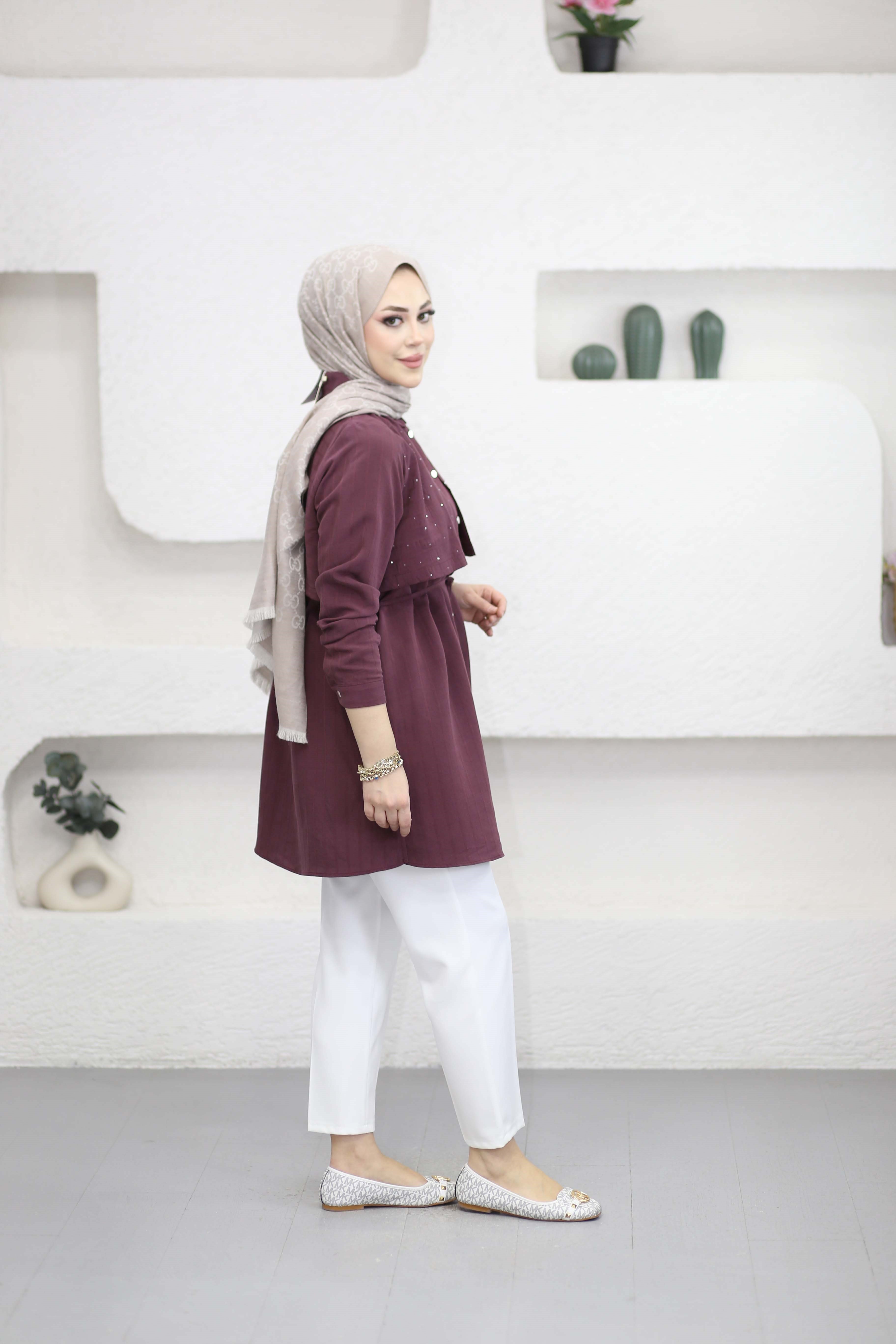 Allerli Taşlı Napoli Tunik Bordo 2138