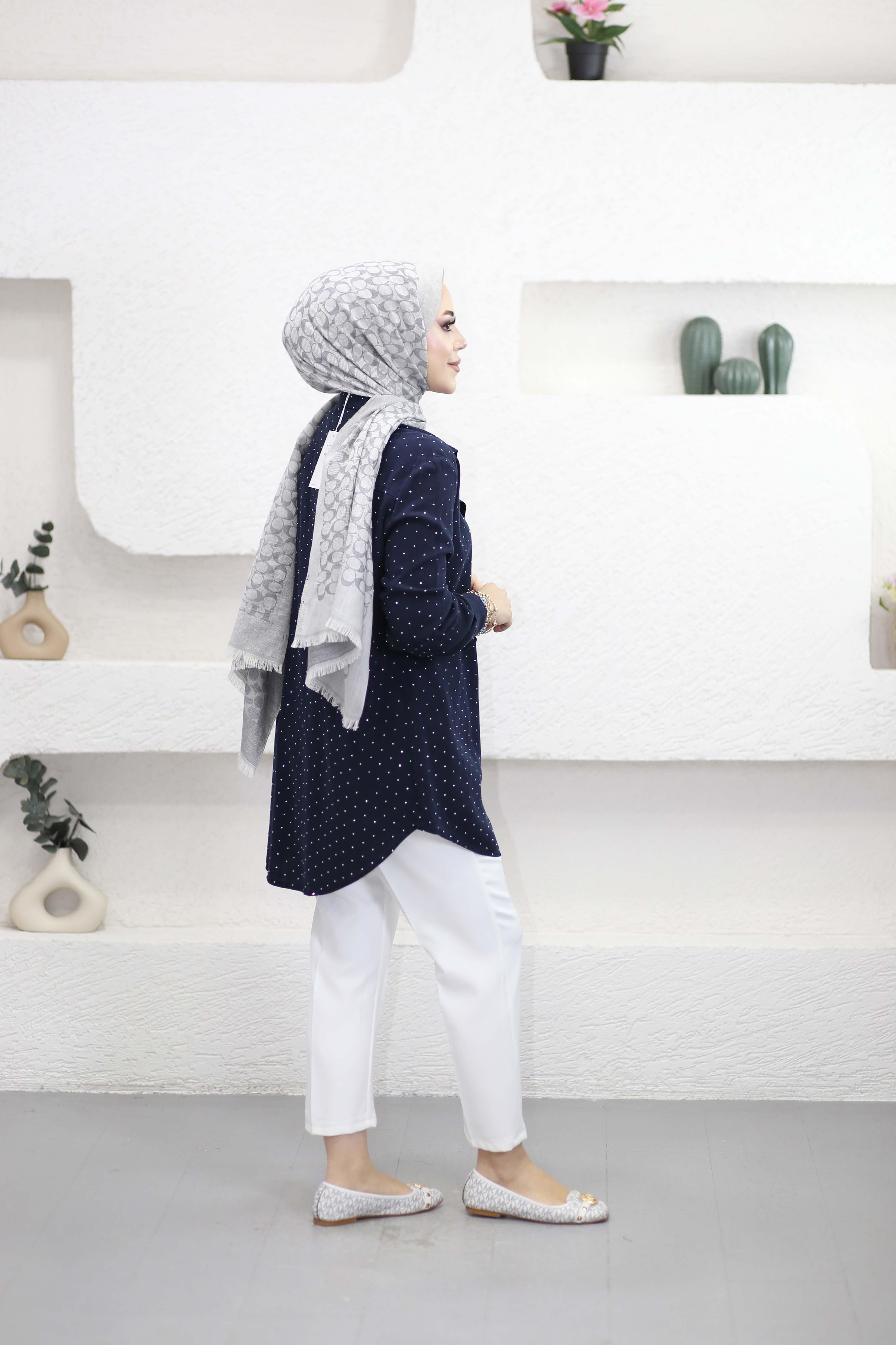 Taşlı Tencel Gömlek Lacivert 7421