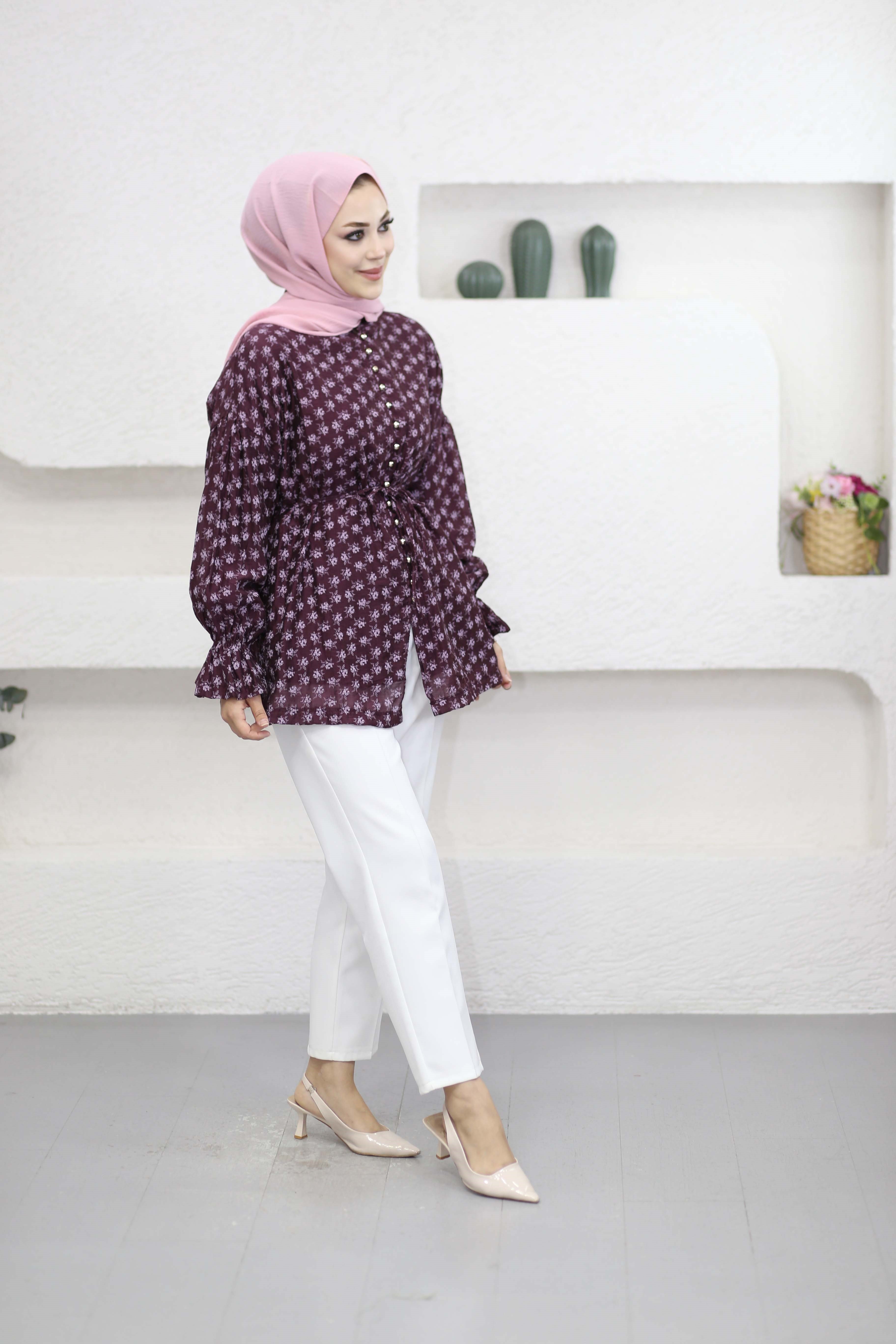 Mini Çiçekli Gömlek Bordo 24425