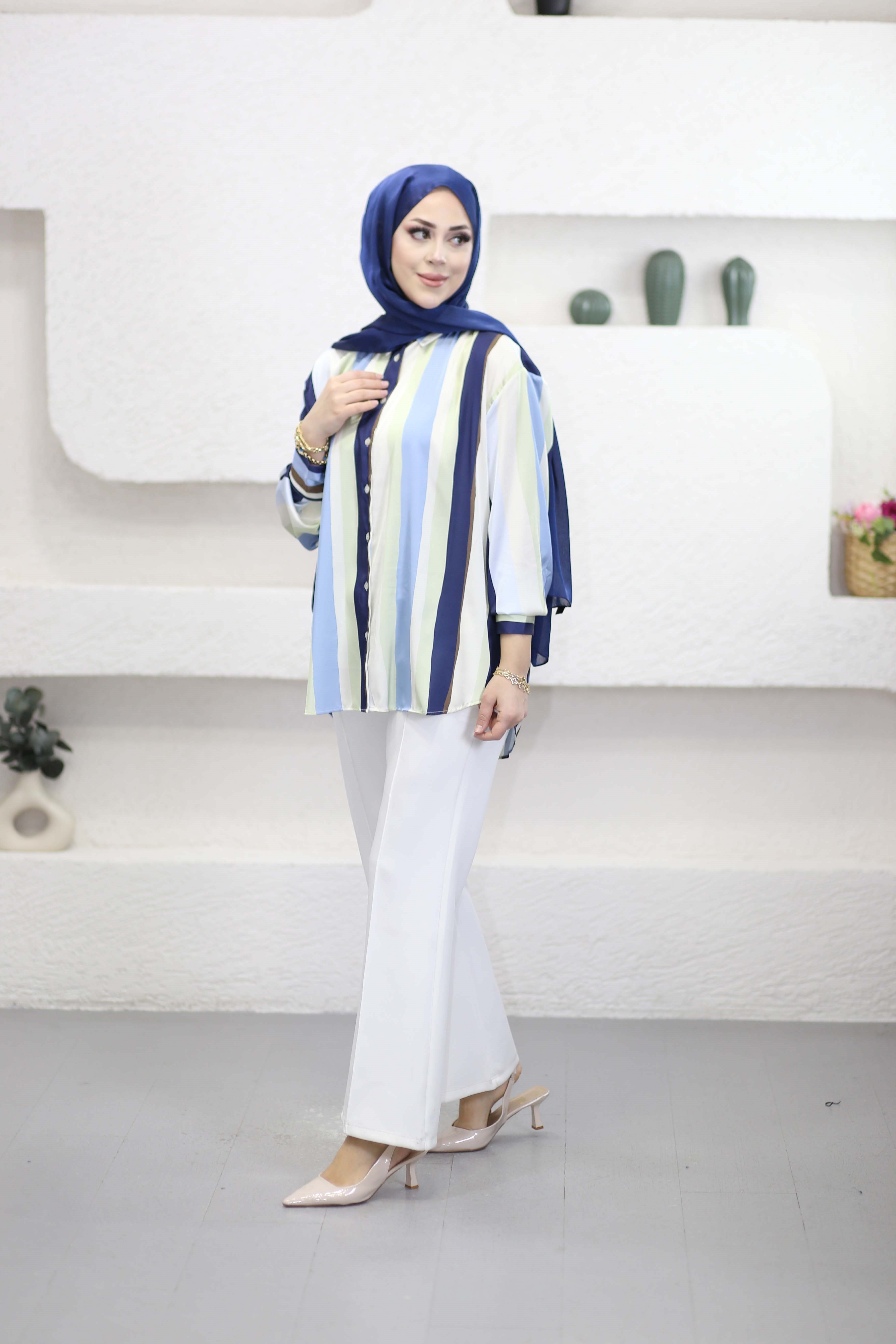 Colorblock Saten Gömlek Mavi 3128