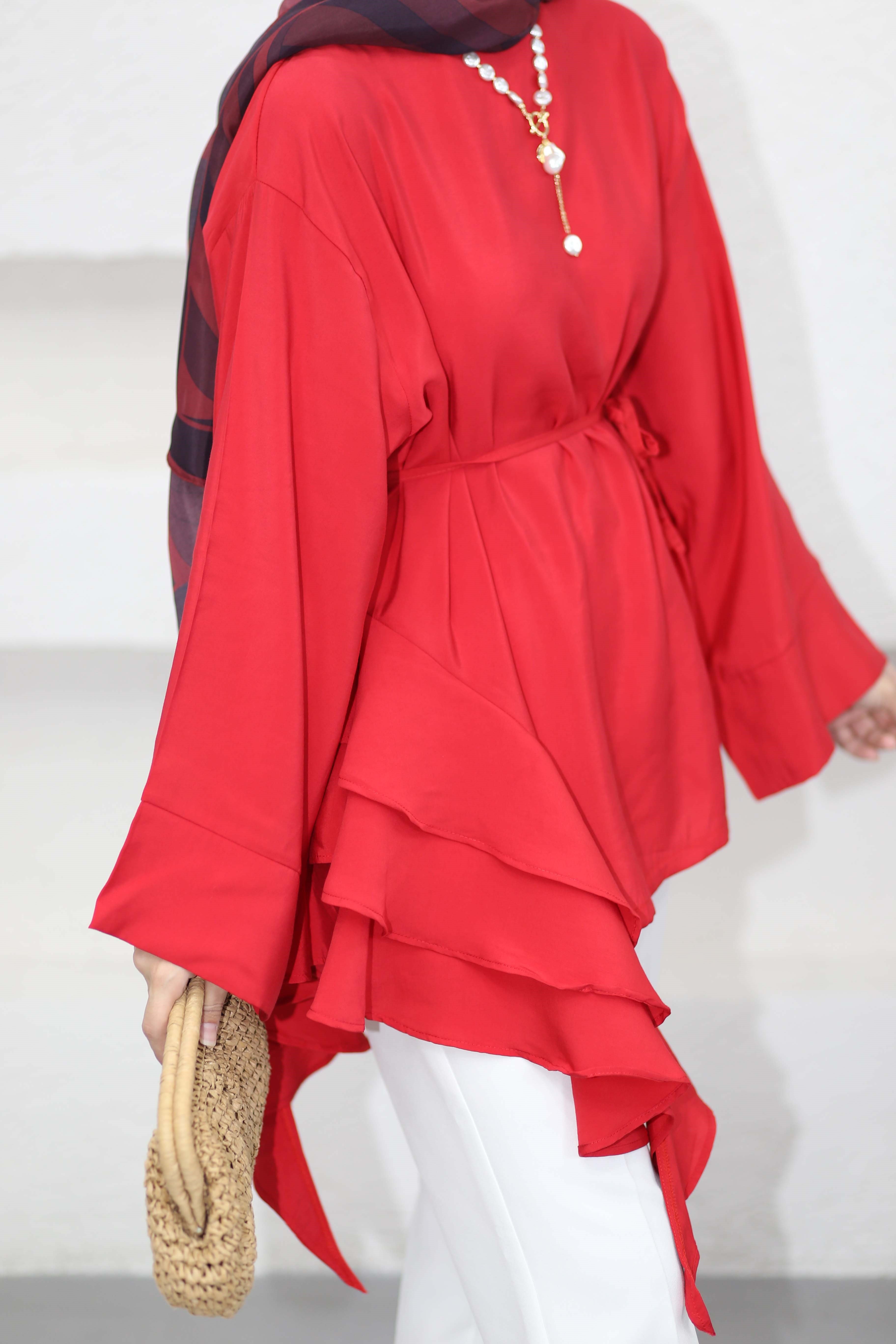 Volanlı Bağcıklı Tunik Kırmızı 61437