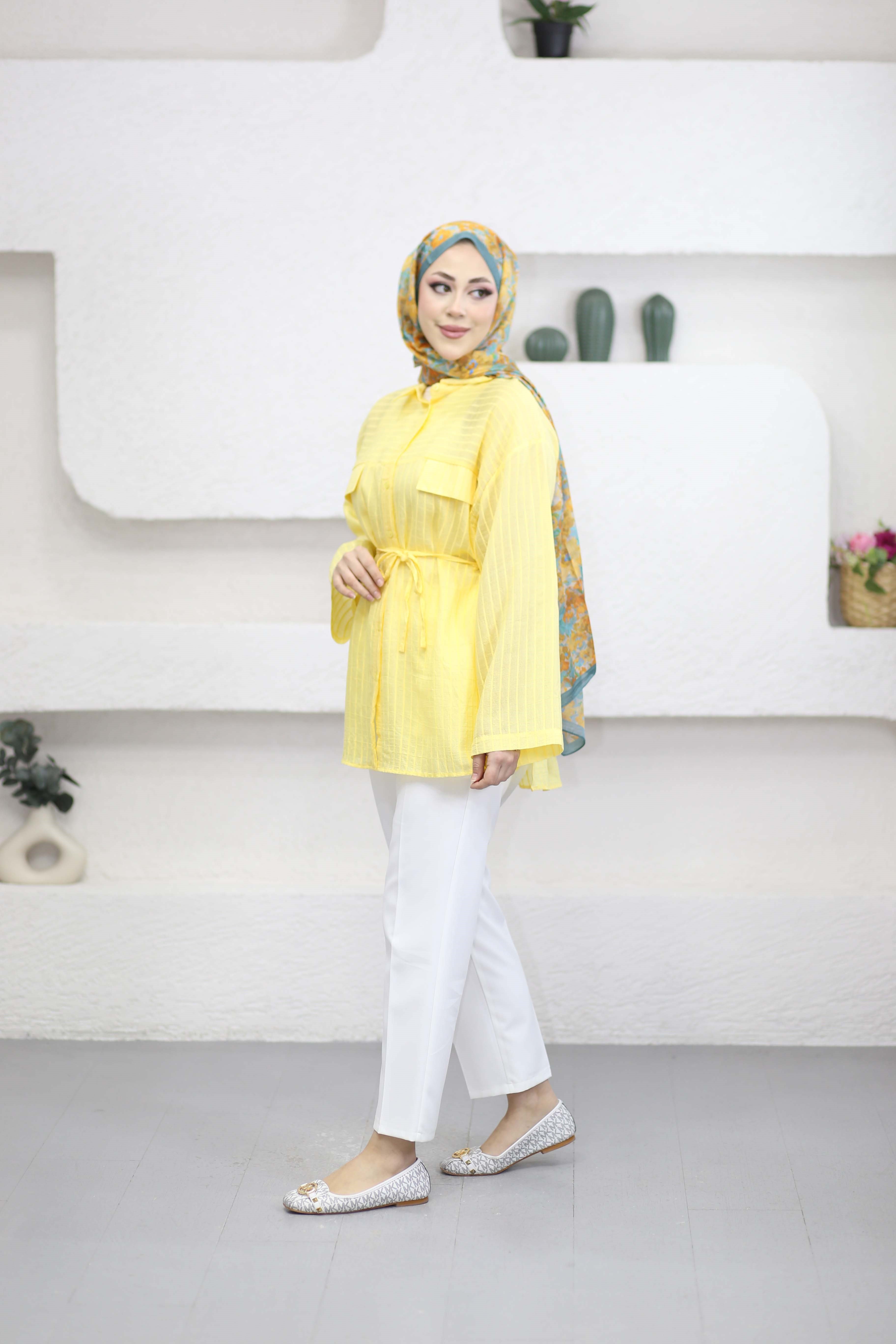 Cep Detaylı Kendinden Desenli Gömlek Sarı 3379