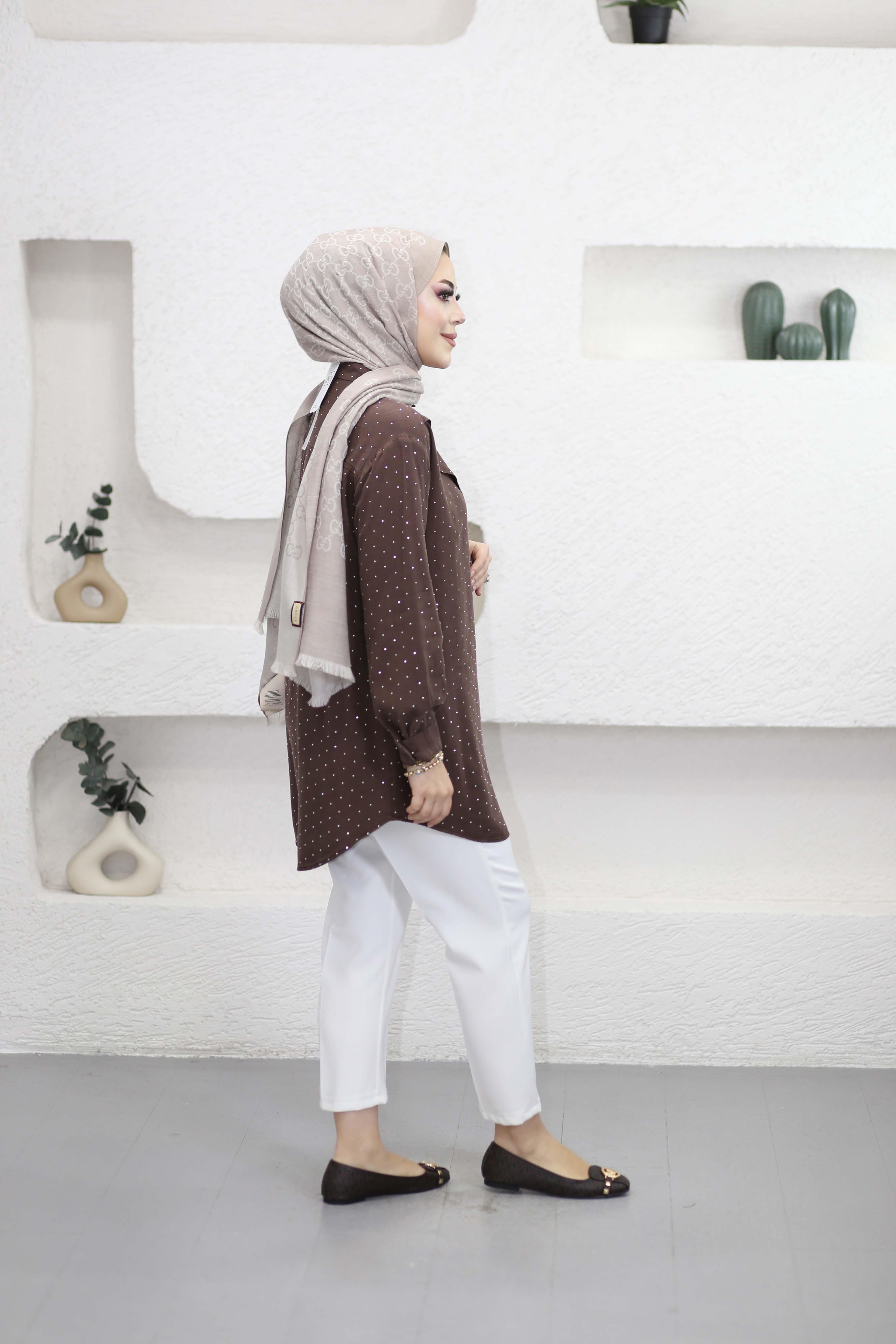 Taşlı Tencel Gömlek Kahverengi 7421