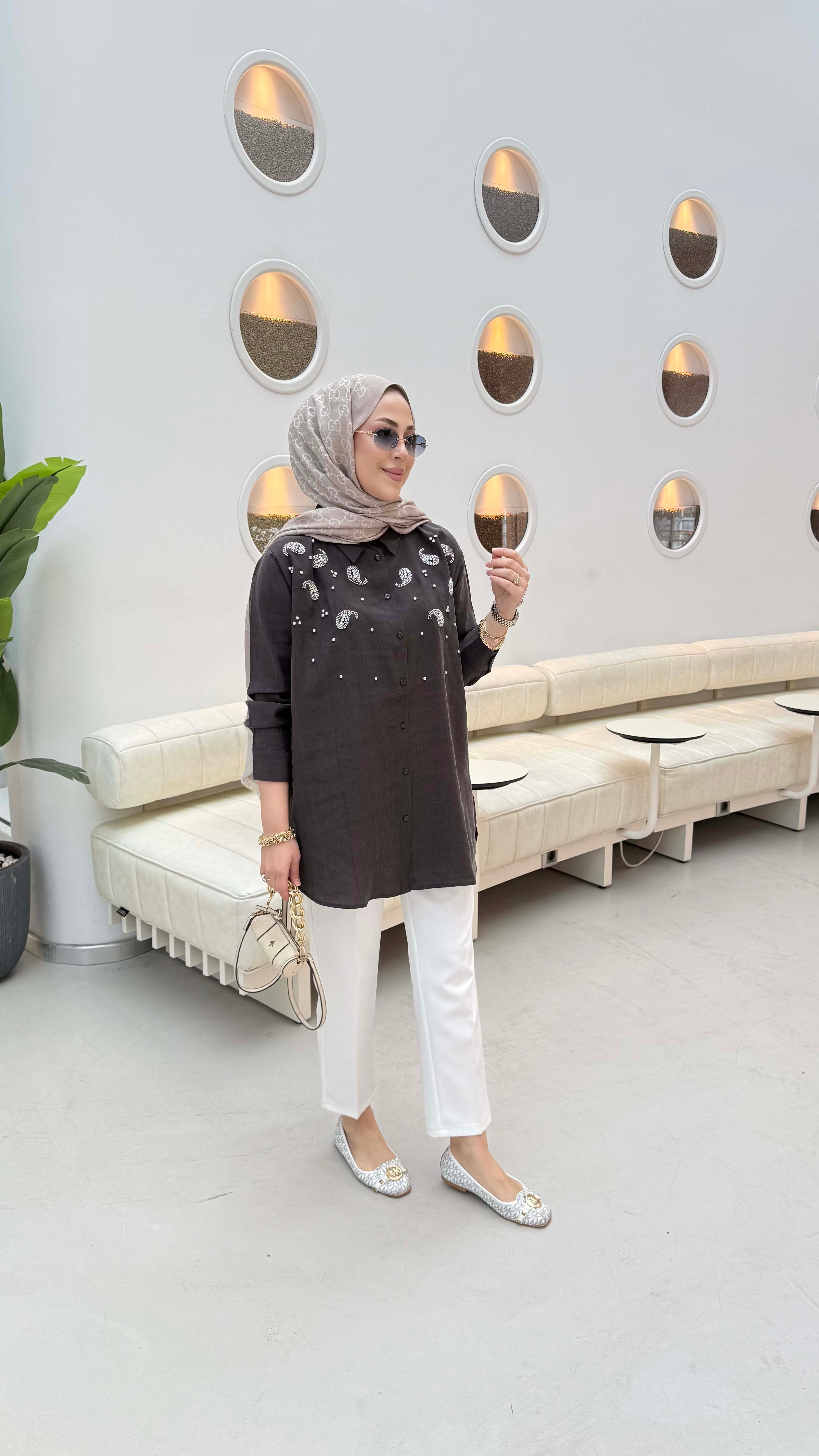 Taş İşleme Detaylı Gömlek Kahverengi 3387