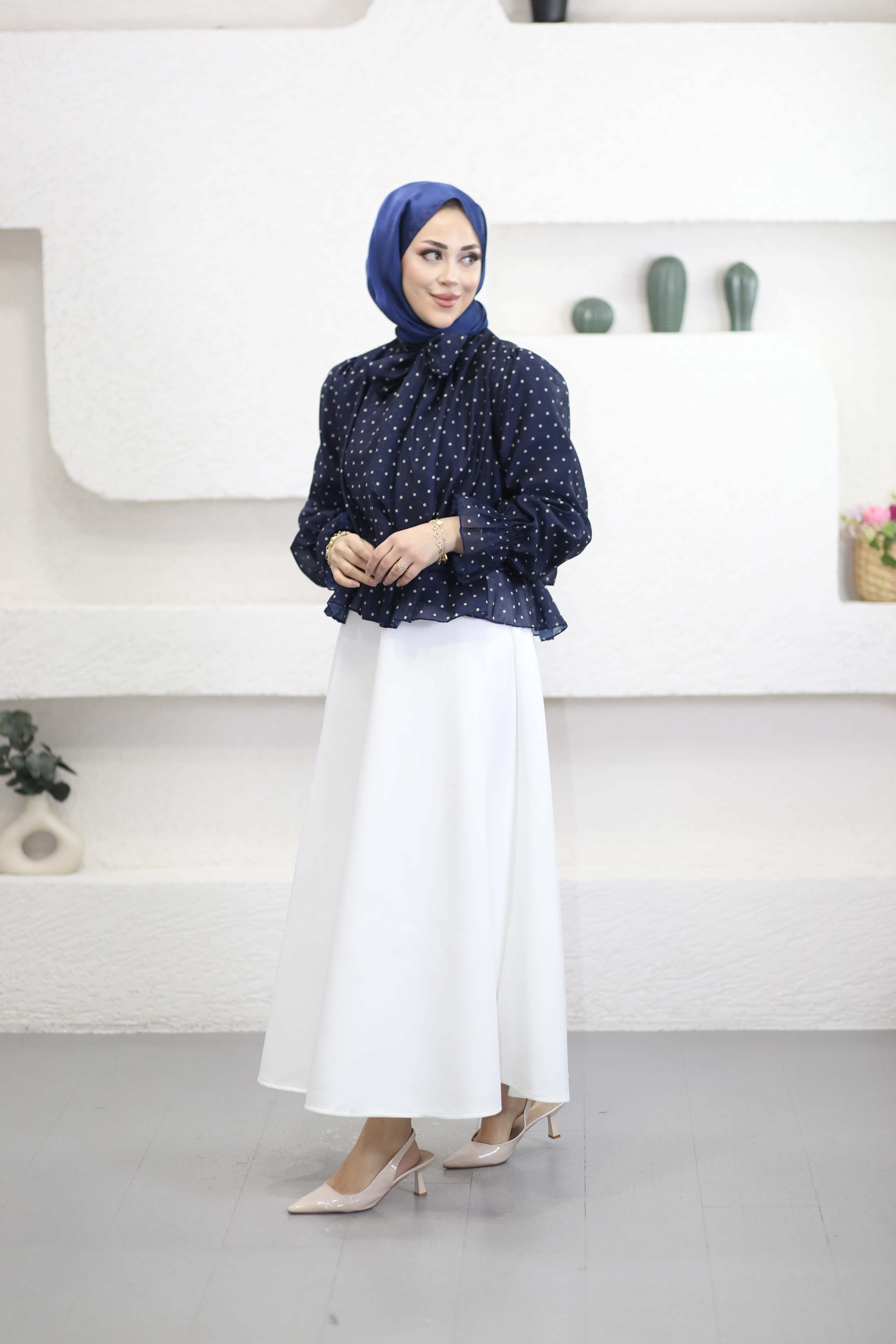 Arkası Fularlı Puantiye Tunik Lacivert 24401
