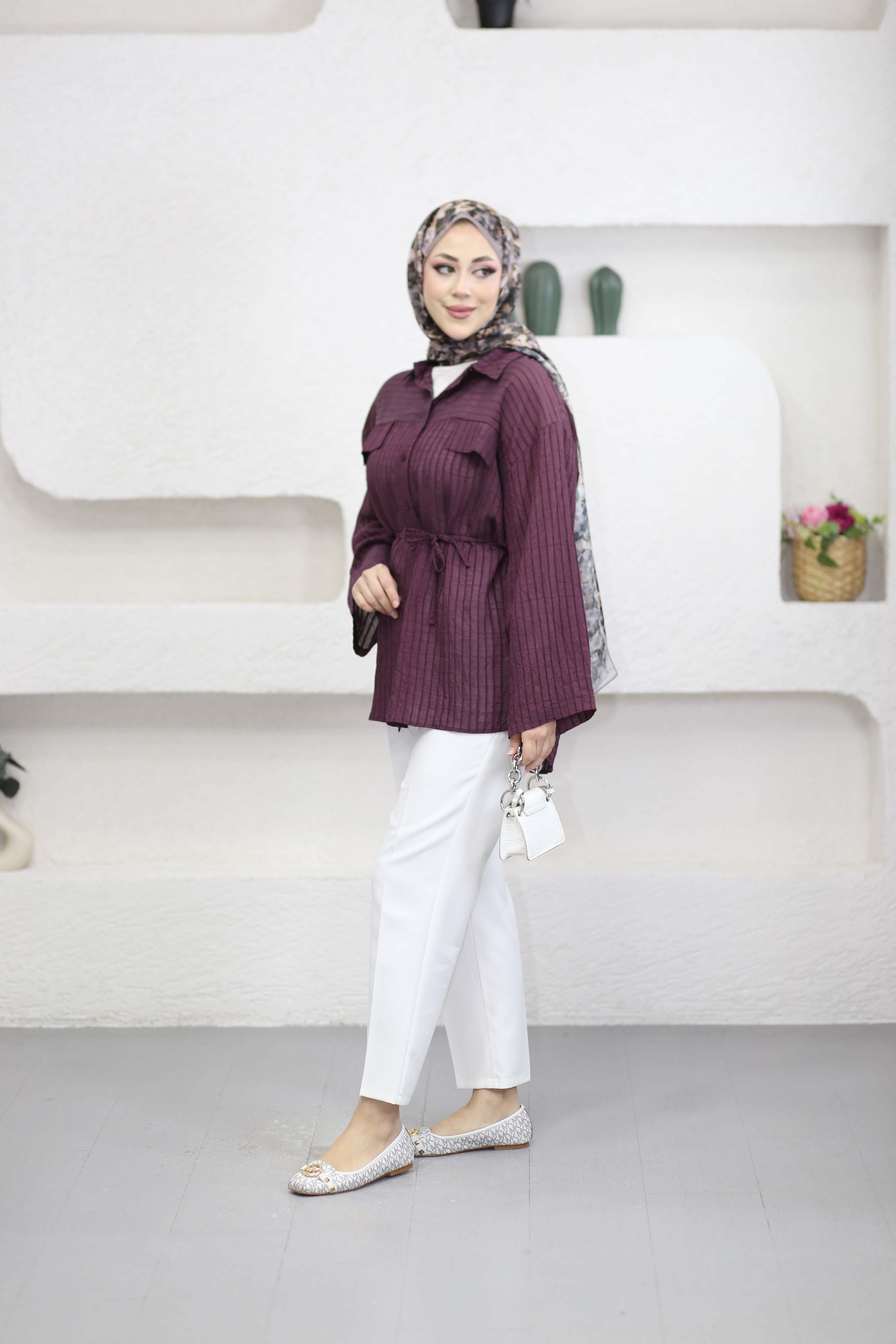 Cep Detaylı Kendinden Desenli Gömlek Bordo 3379