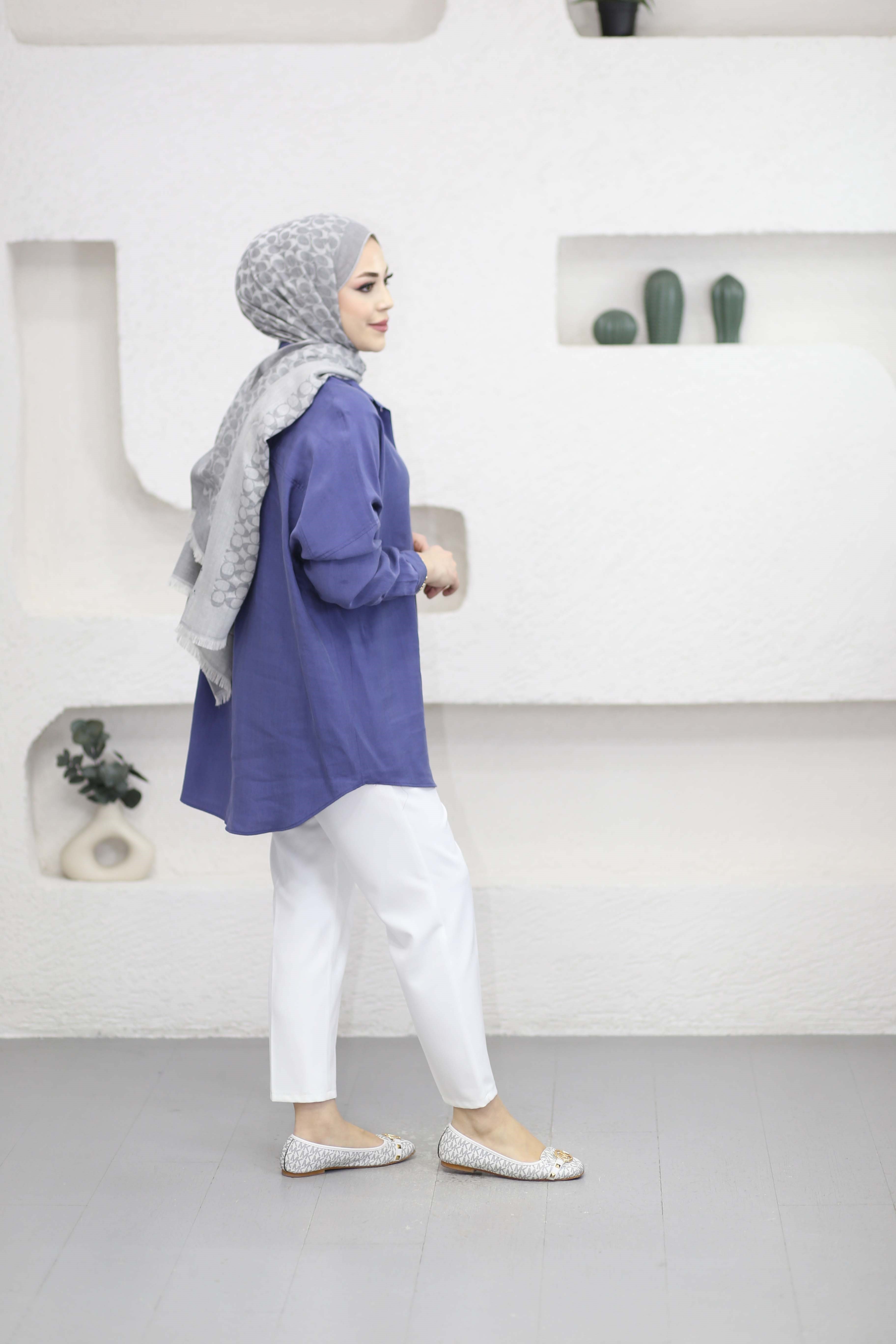 Düğmeli Salaş Gömlek Lacivert 7539