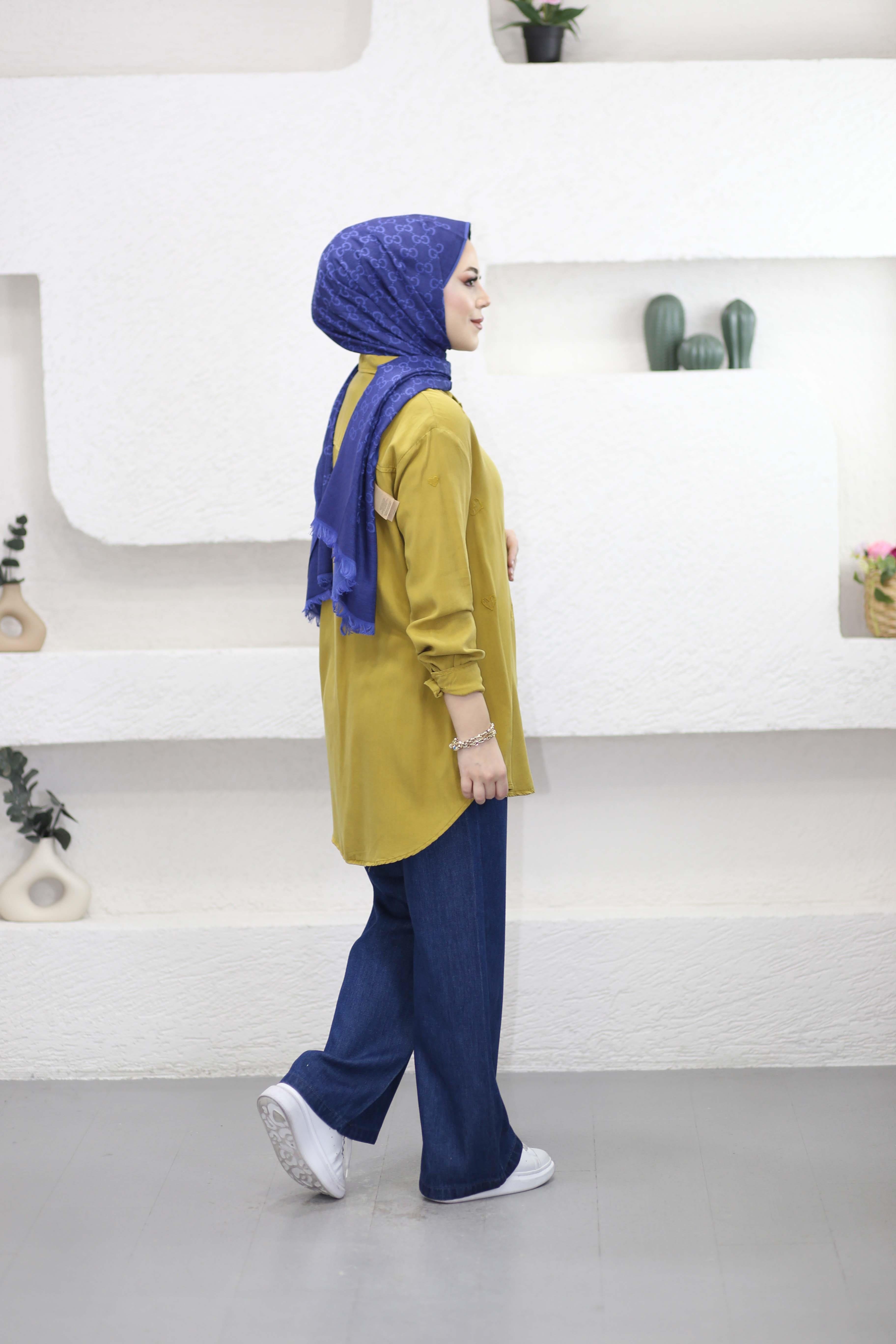 Mini Kalpli Tencel Gömlek Yağ Yeşili 7463
