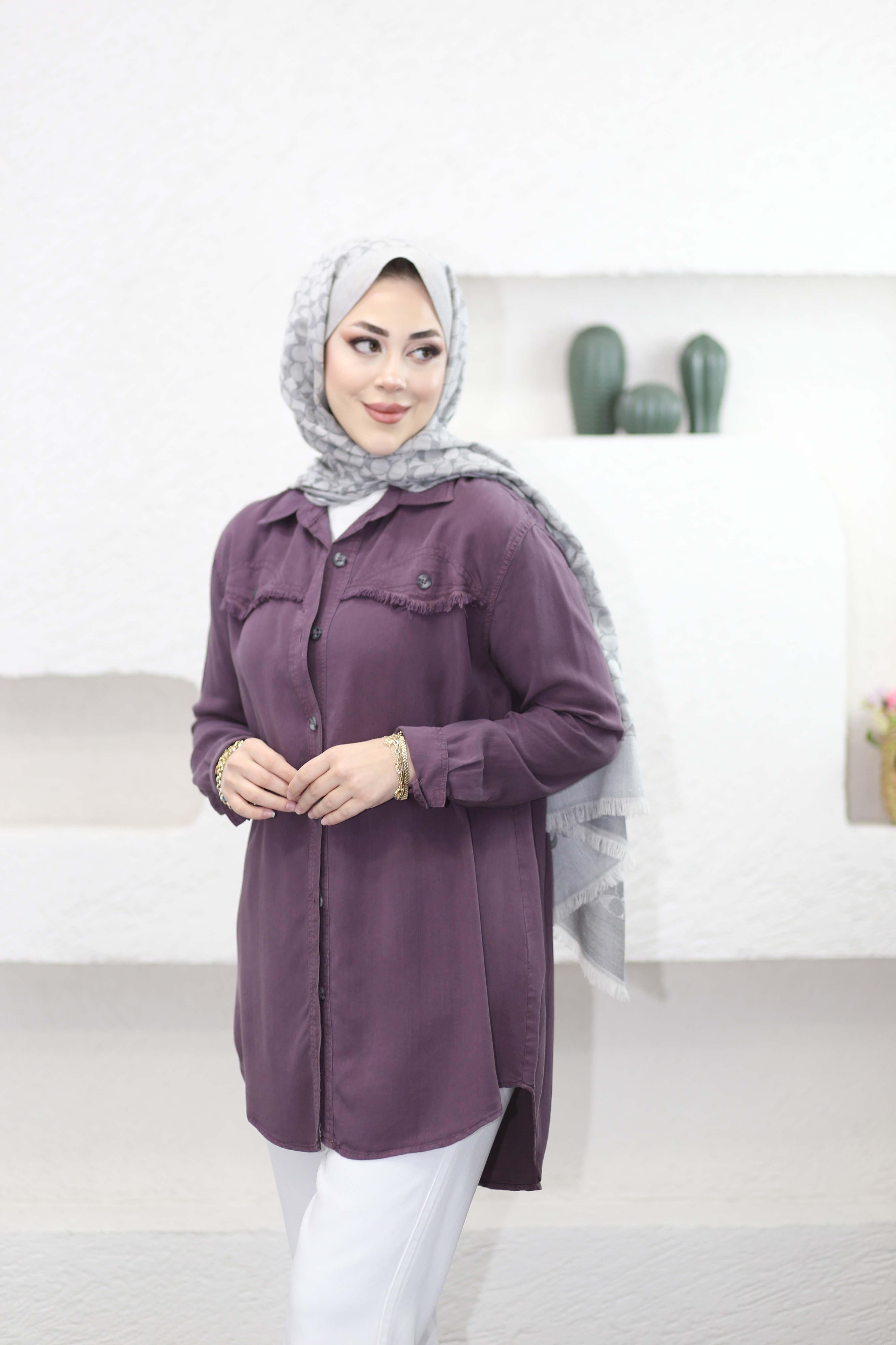Düğmeli Tencel Gömlek Mürdüm 7484