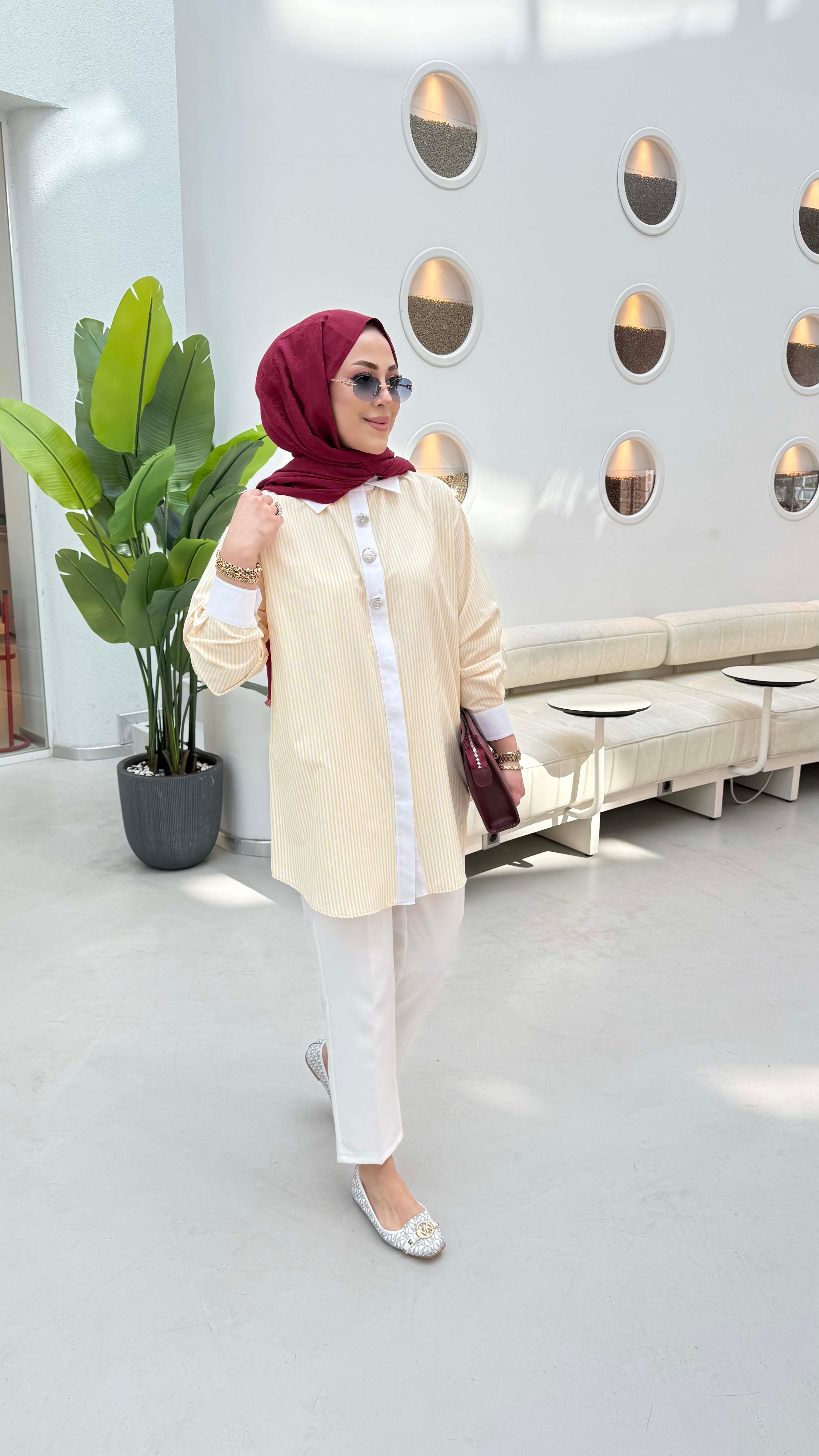 Çizgili Düğmeli Gömlek Sarı 1520