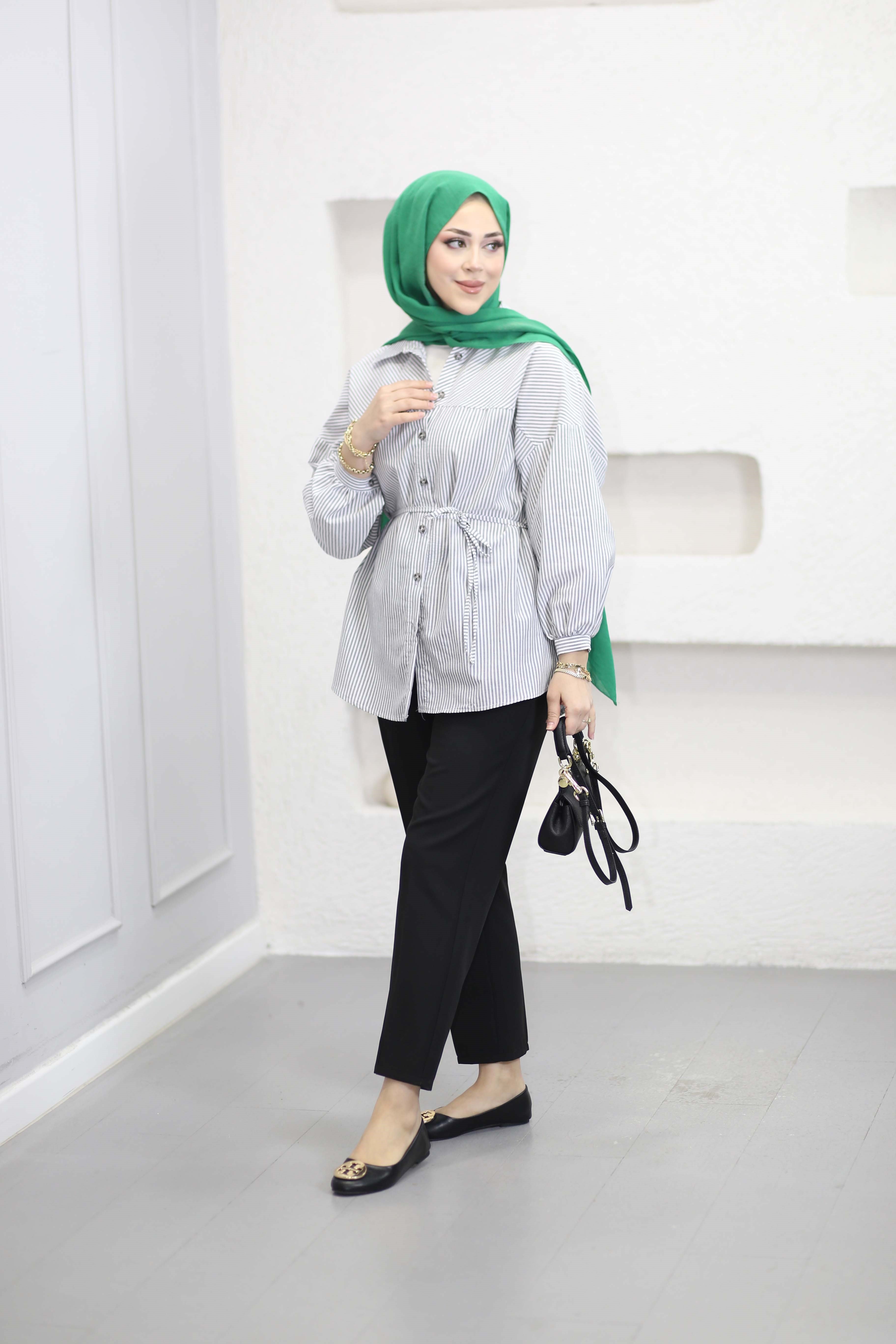 Kuşaklı Oversize Basıc Gömlek Füme 6446