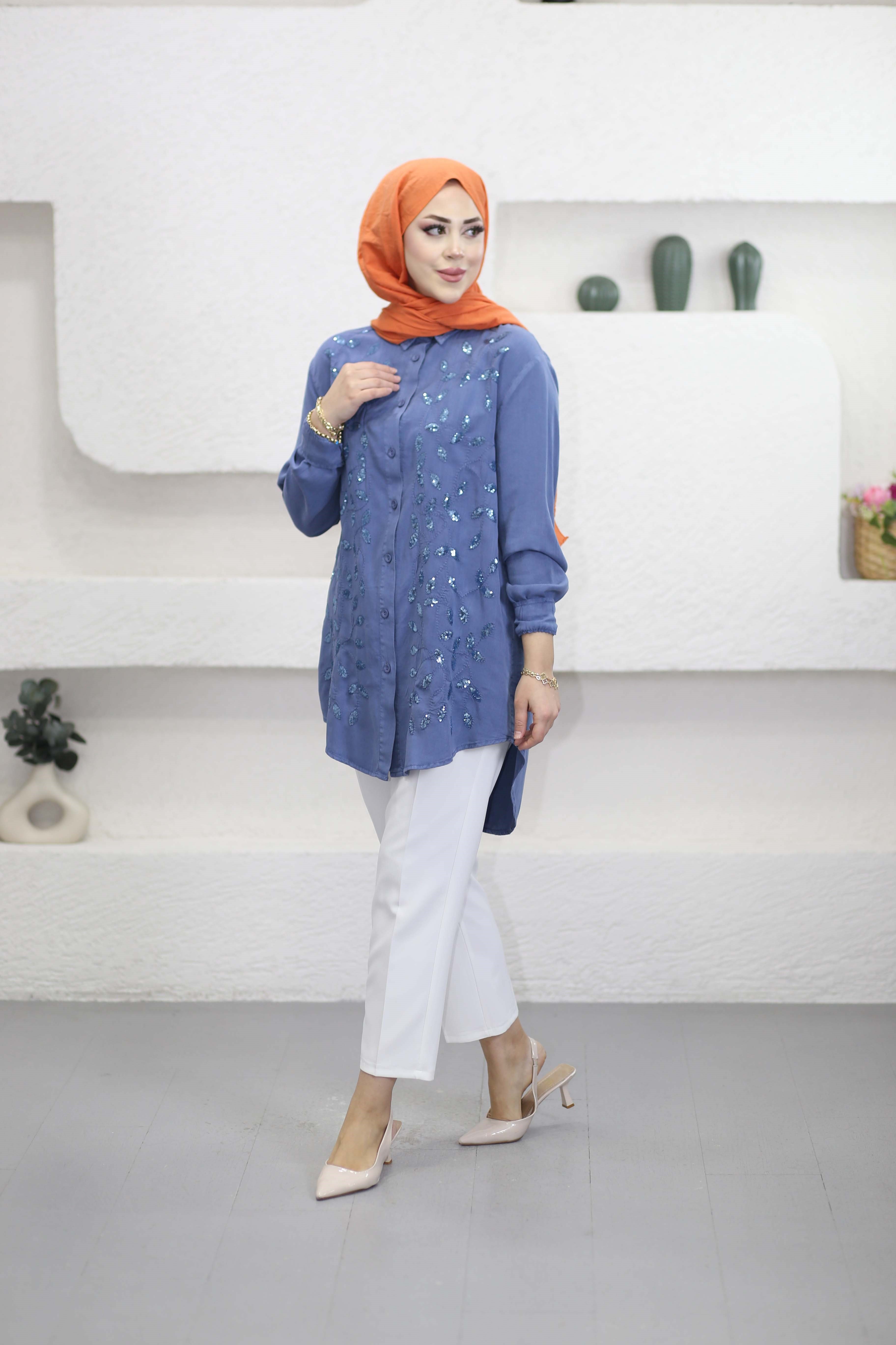 Yaprak İşlemeli Tencel Gömlek Mavi 7504